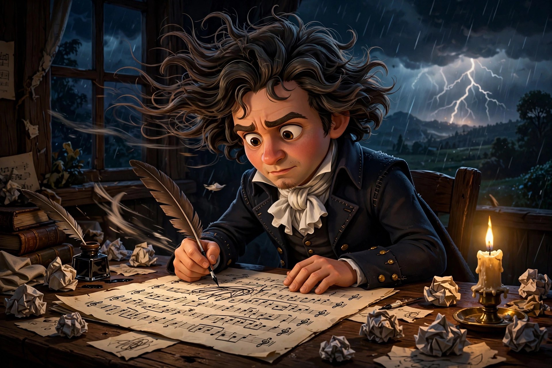 AI-generated illustration of the animated Beethoven character composing at a candlelit desk