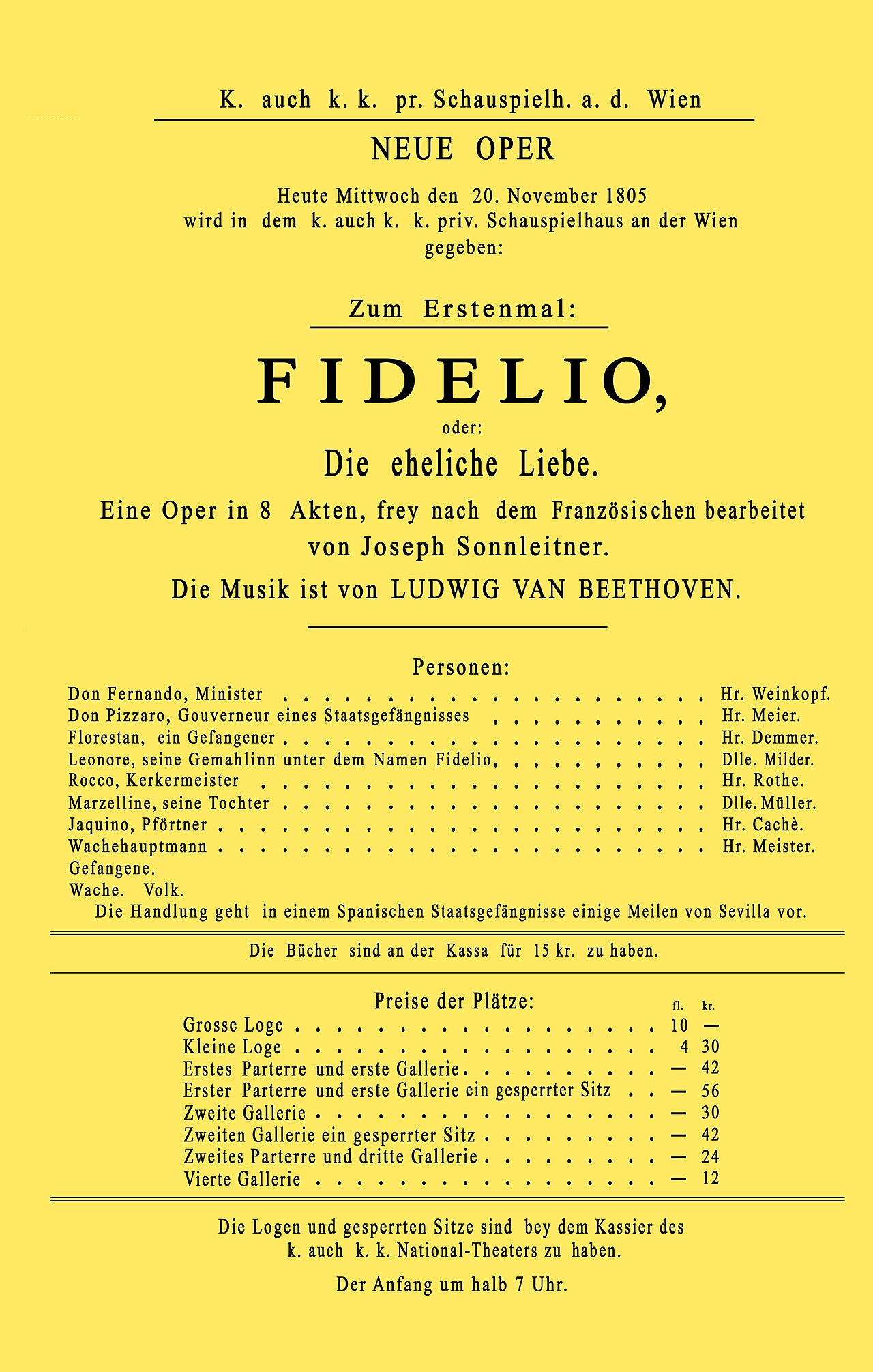 Theater playbill for the 1805 premiere of Fidelio (as Leonore) at the Theater an der Wien