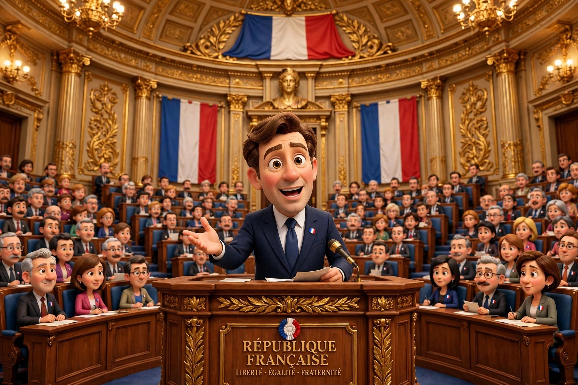 Stylized 3D animated-movie dramatization of the character at a speaker's tribune in a parliament hall