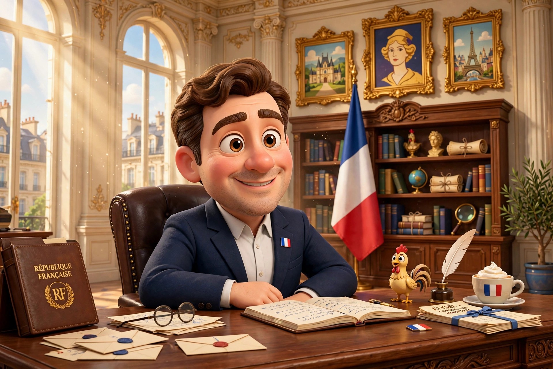 Stylized 3D animated-movie dramatization of the character at a desk in a neoclassical office
