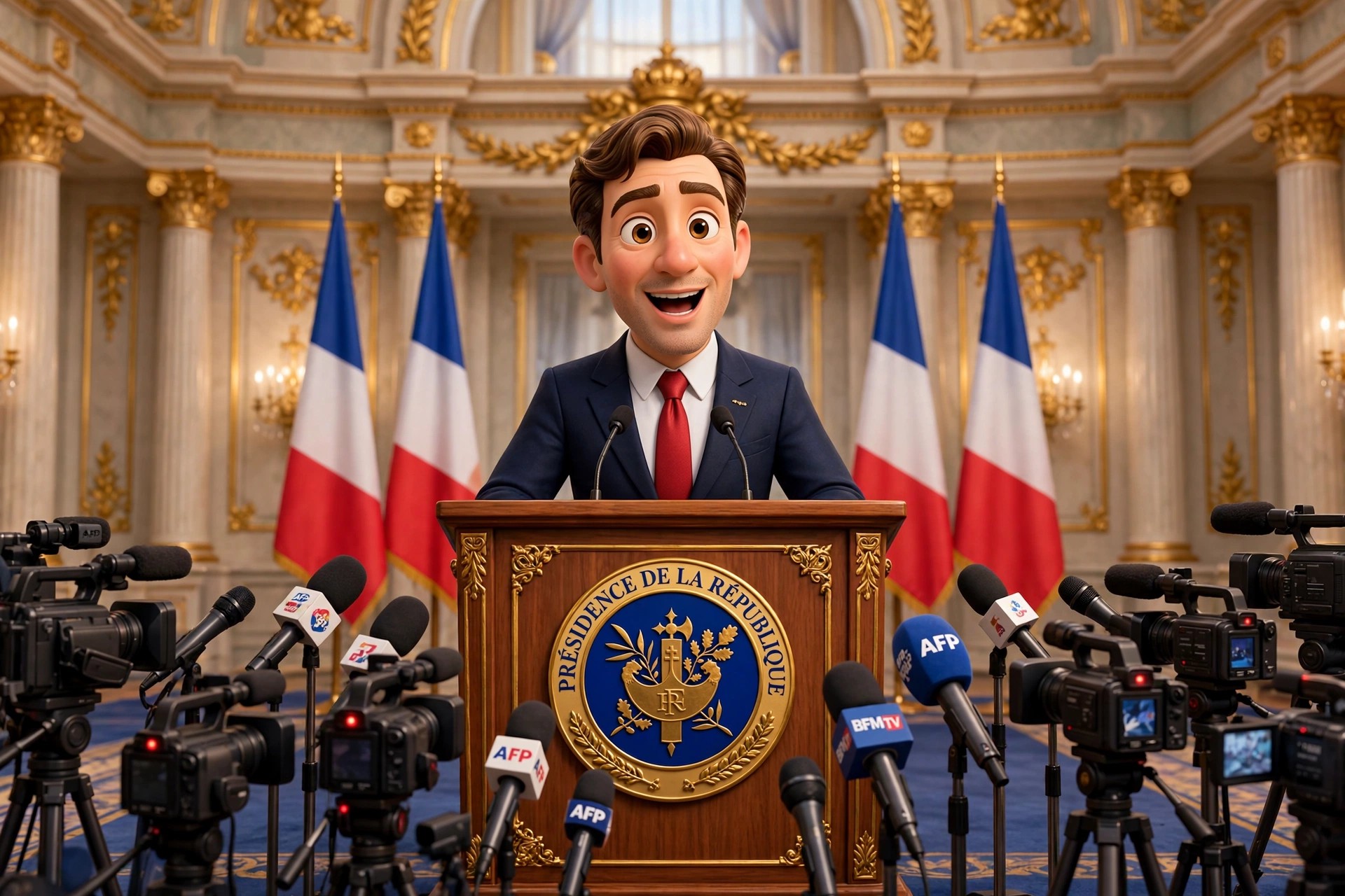 Stylized 3D animated-movie dramatization of the character at a podium facing press cameras