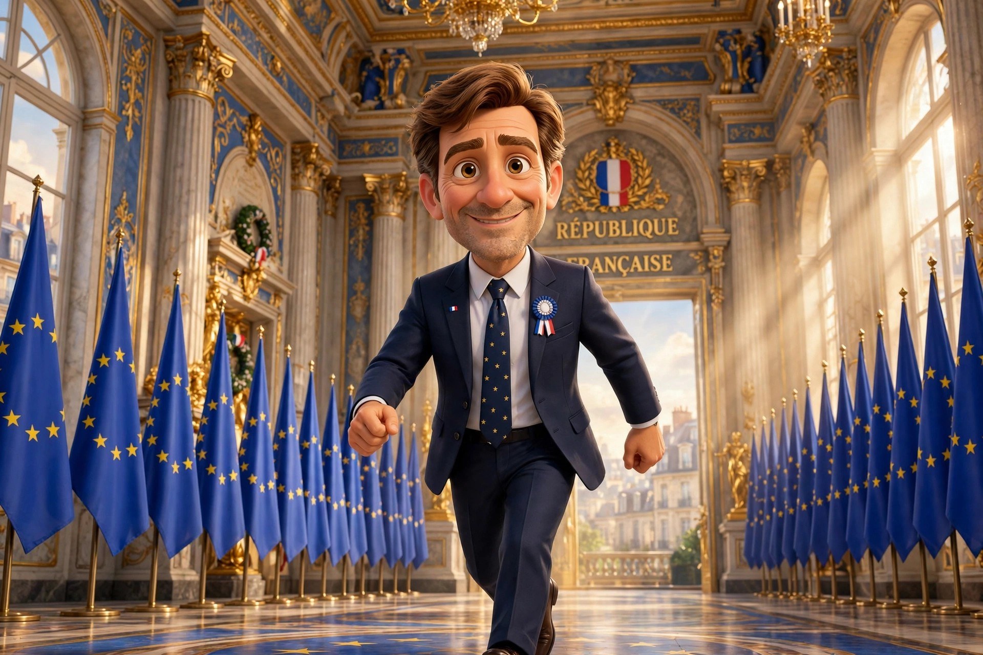Stylized 3D animated-movie dramatization of the character walking before European Union flags