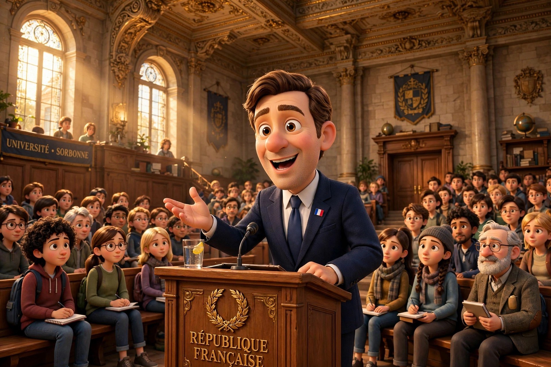 Stylized 3D animated-movie dramatization of the character giving a speech in a university amphitheater
