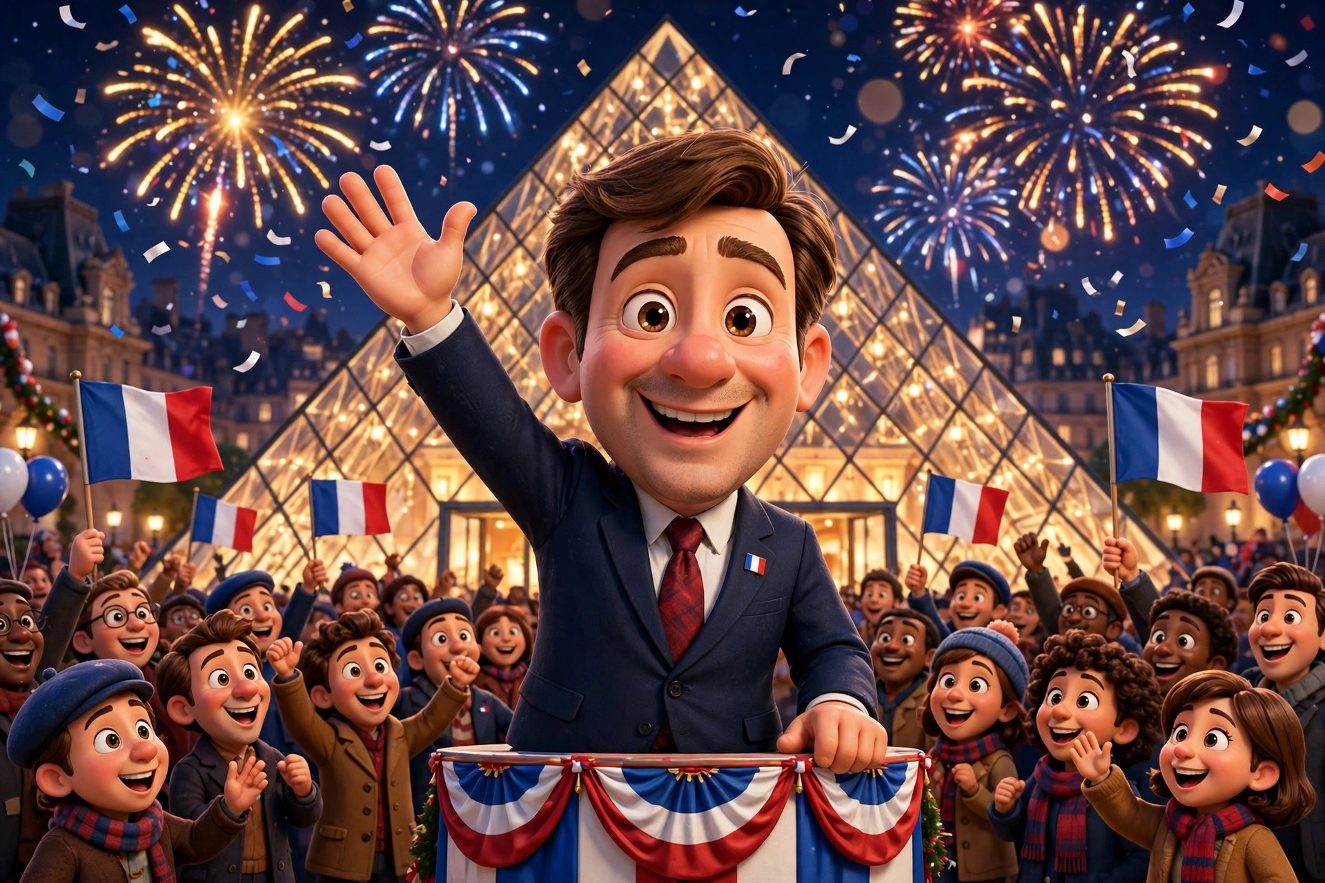 Stylized 3D animated-movie dramatization of the character waving to a cheering crowd at night