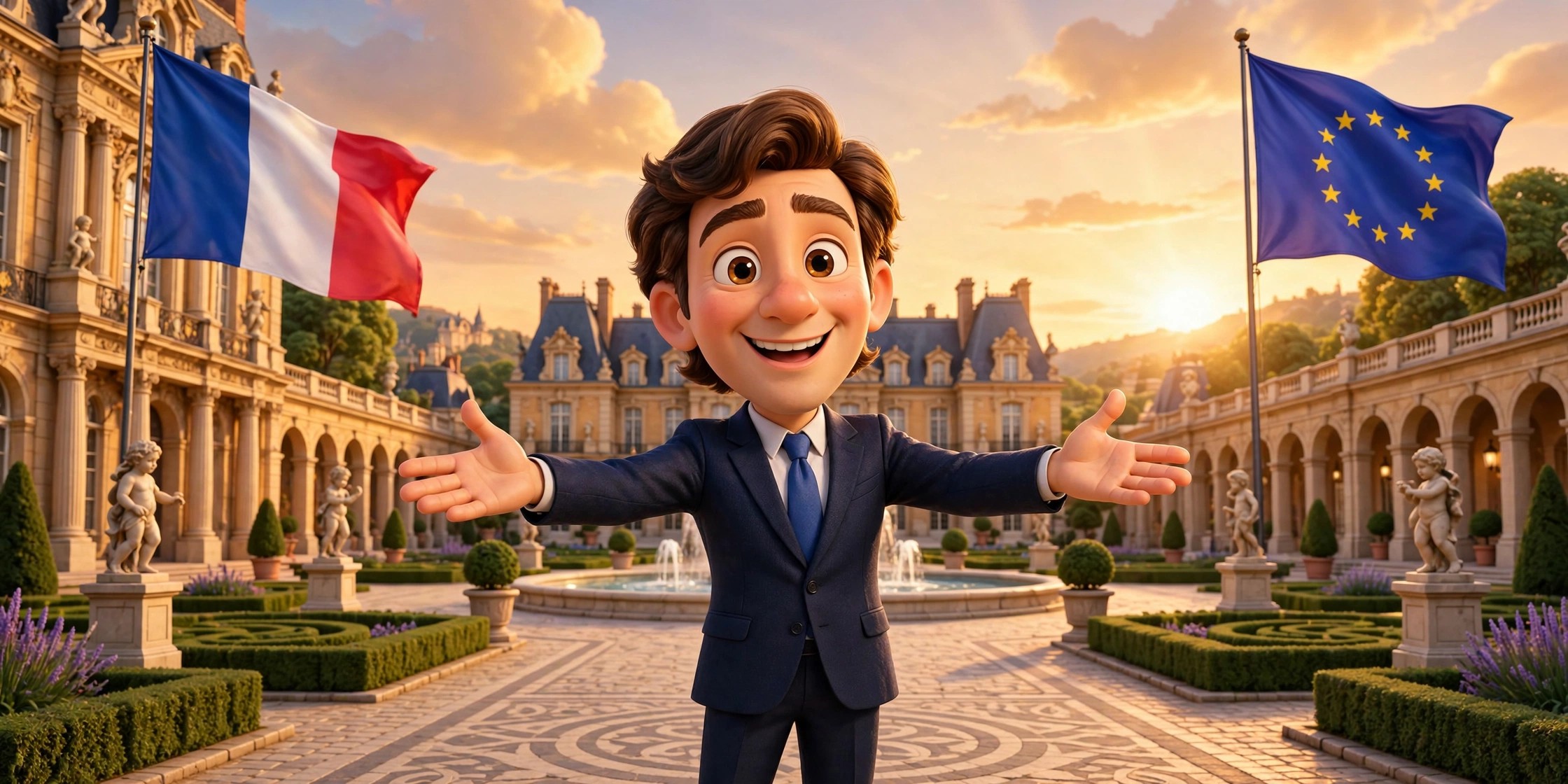 Wide stylized 3D animated-movie banner of the character with French and EU flags