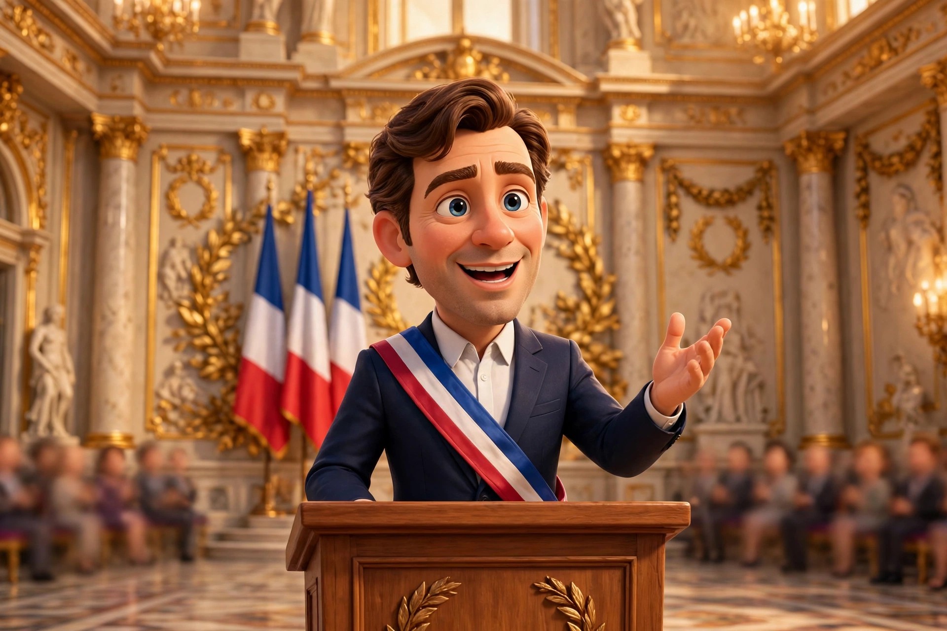 Wide AI-generated illustration of the Digital Macron animated character addressing a grand neoclassical hall