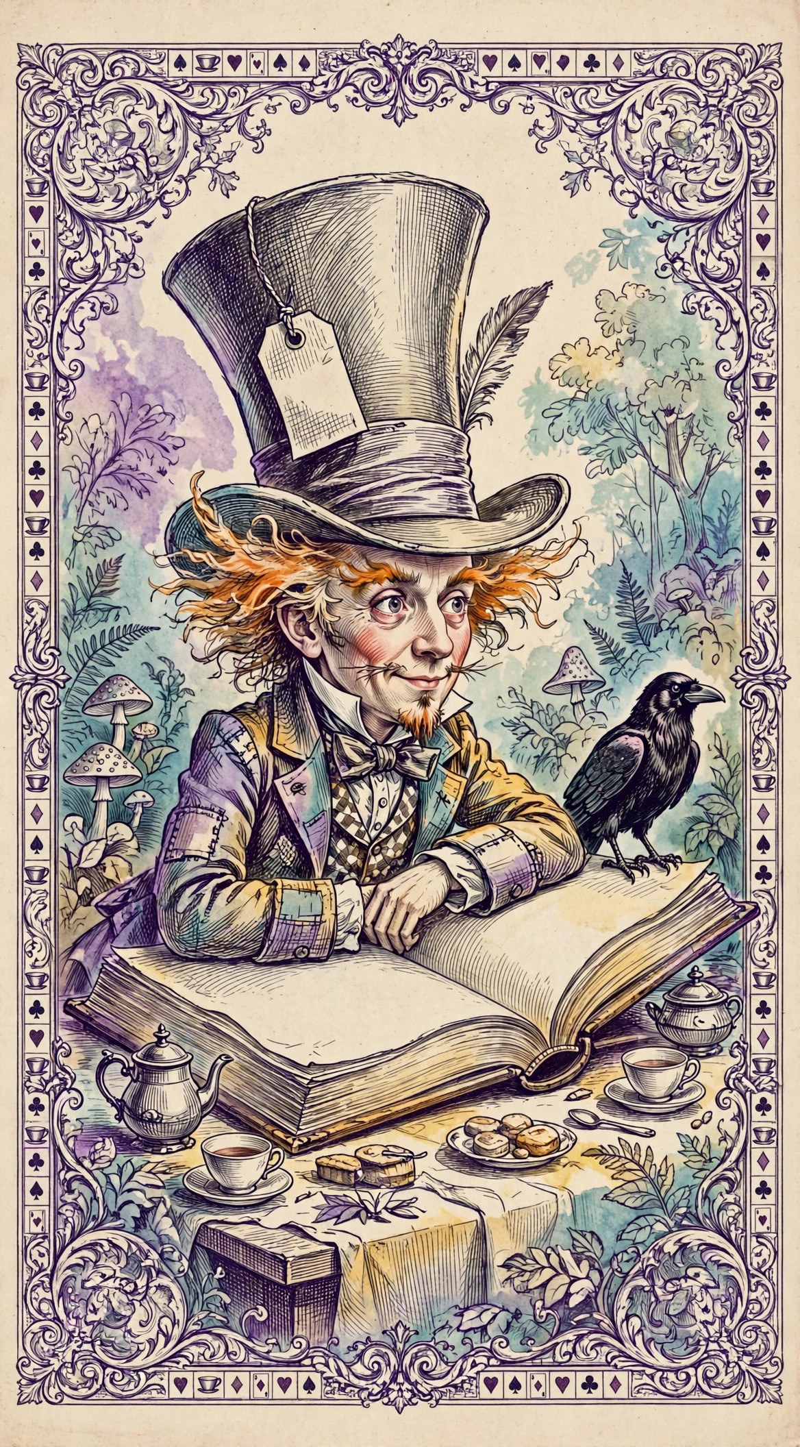 An original hand-tinted engraving-style illustration of the Hatter leaning on a giant book