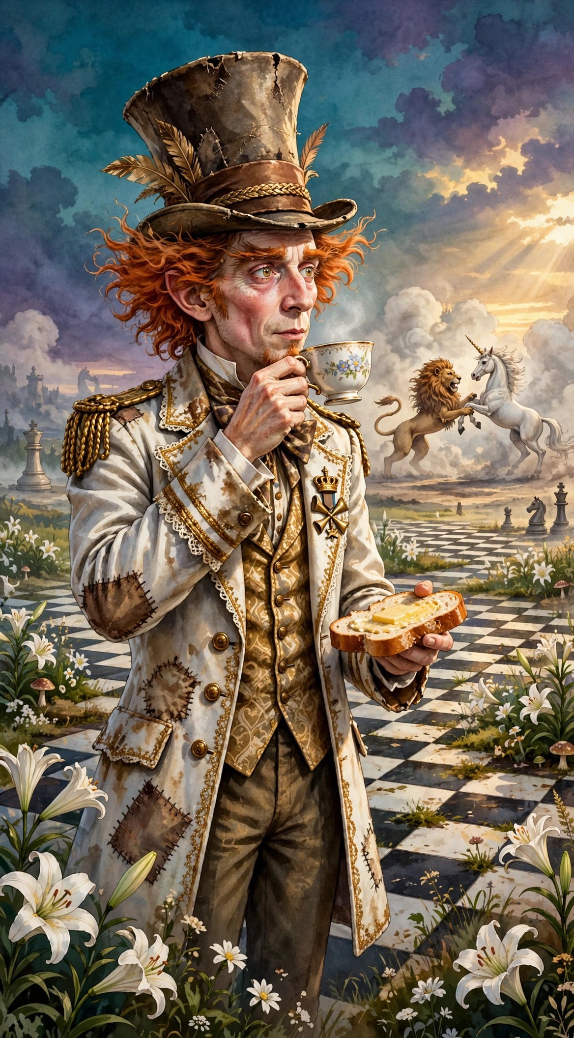 Hatta, one of the White King's messengers, sipping tea while clutching bread-and-butter as the Lion and Unicorn fight