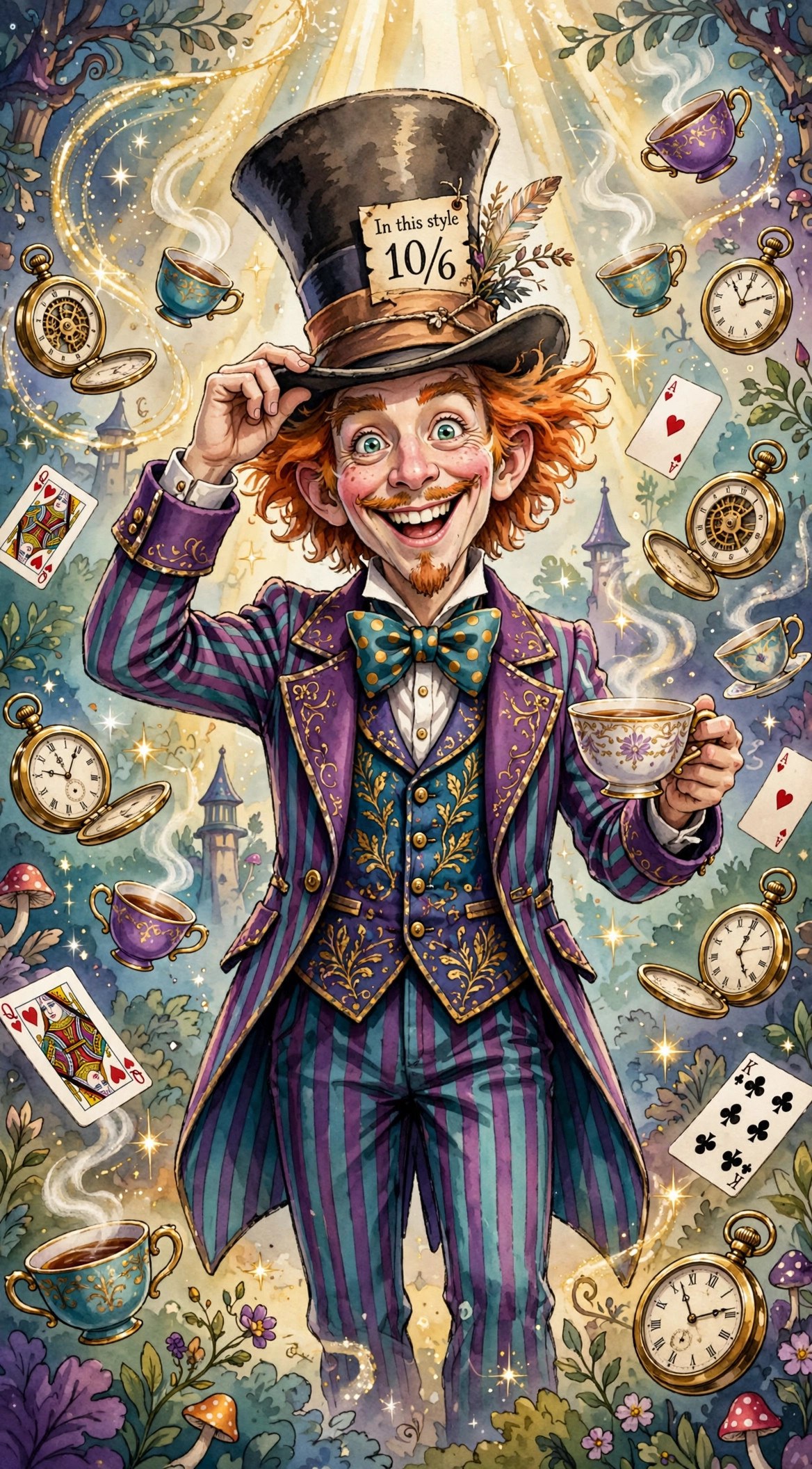 Whimsical storybook portrait of the Mad Hatter tipping his tall top hat, wild orange hair, purple and teal waistcoat