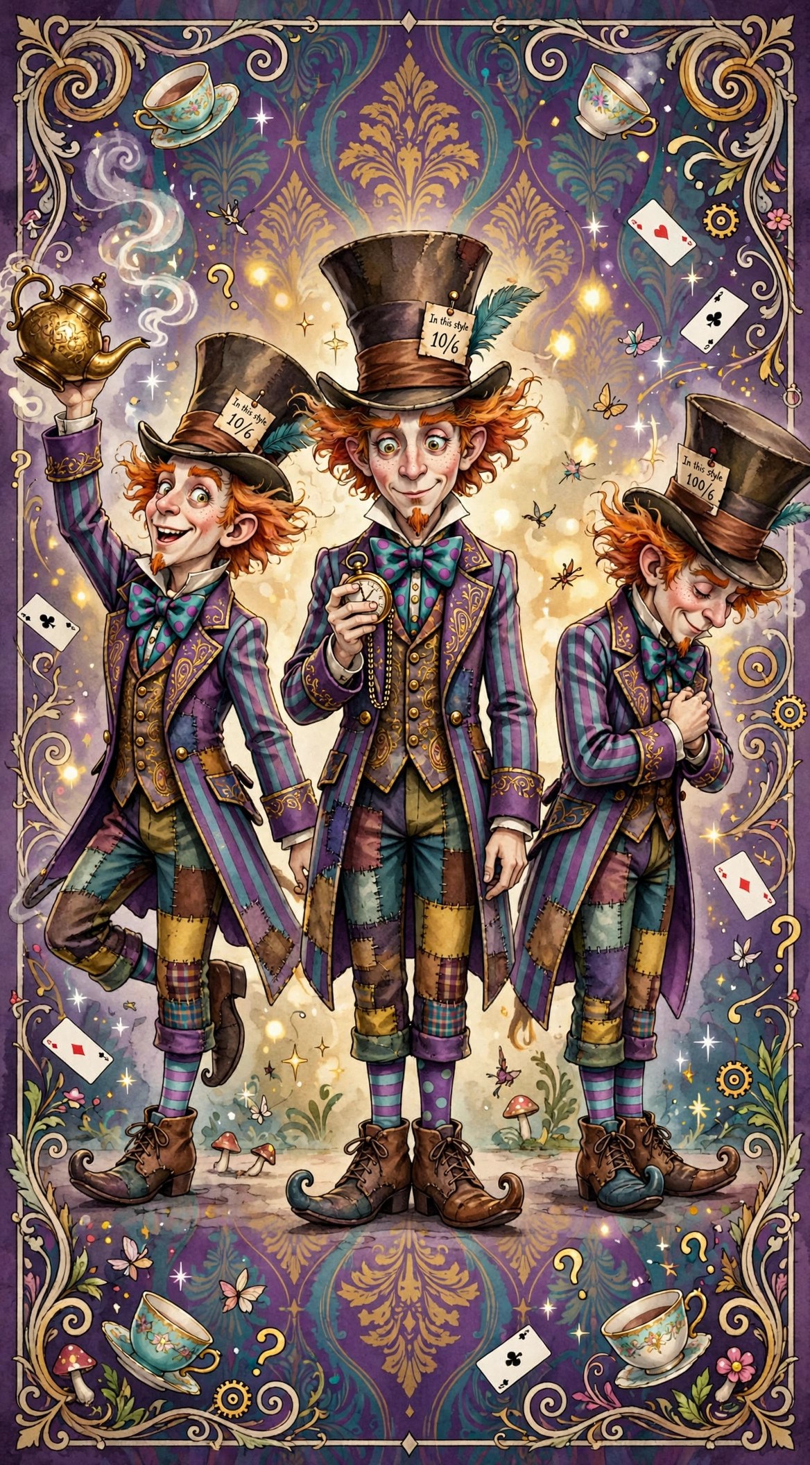 The Mad Hatter unfurling a long scroll of riddles and quotations