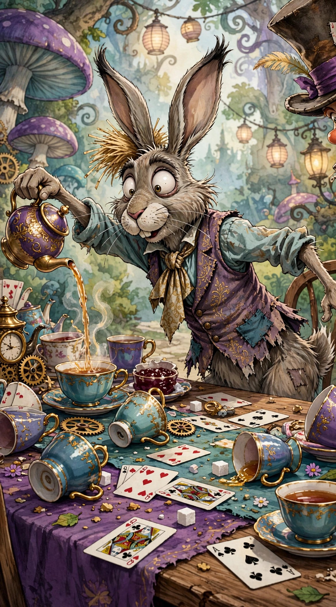 The March Hare in a shabby waistcoat leaning across the tea table, pouring tea mid-gesture