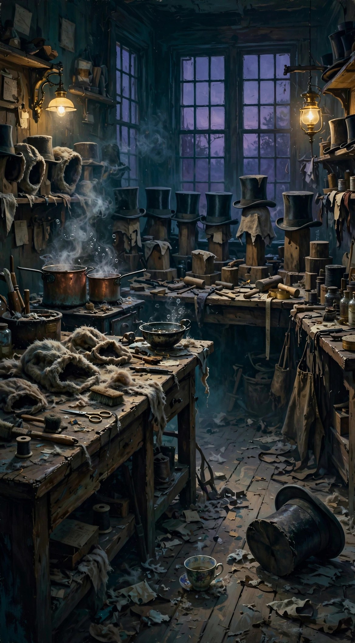 An empty 19th-century hatter's workshop with steaming copper pots and rows of unfinished top hats