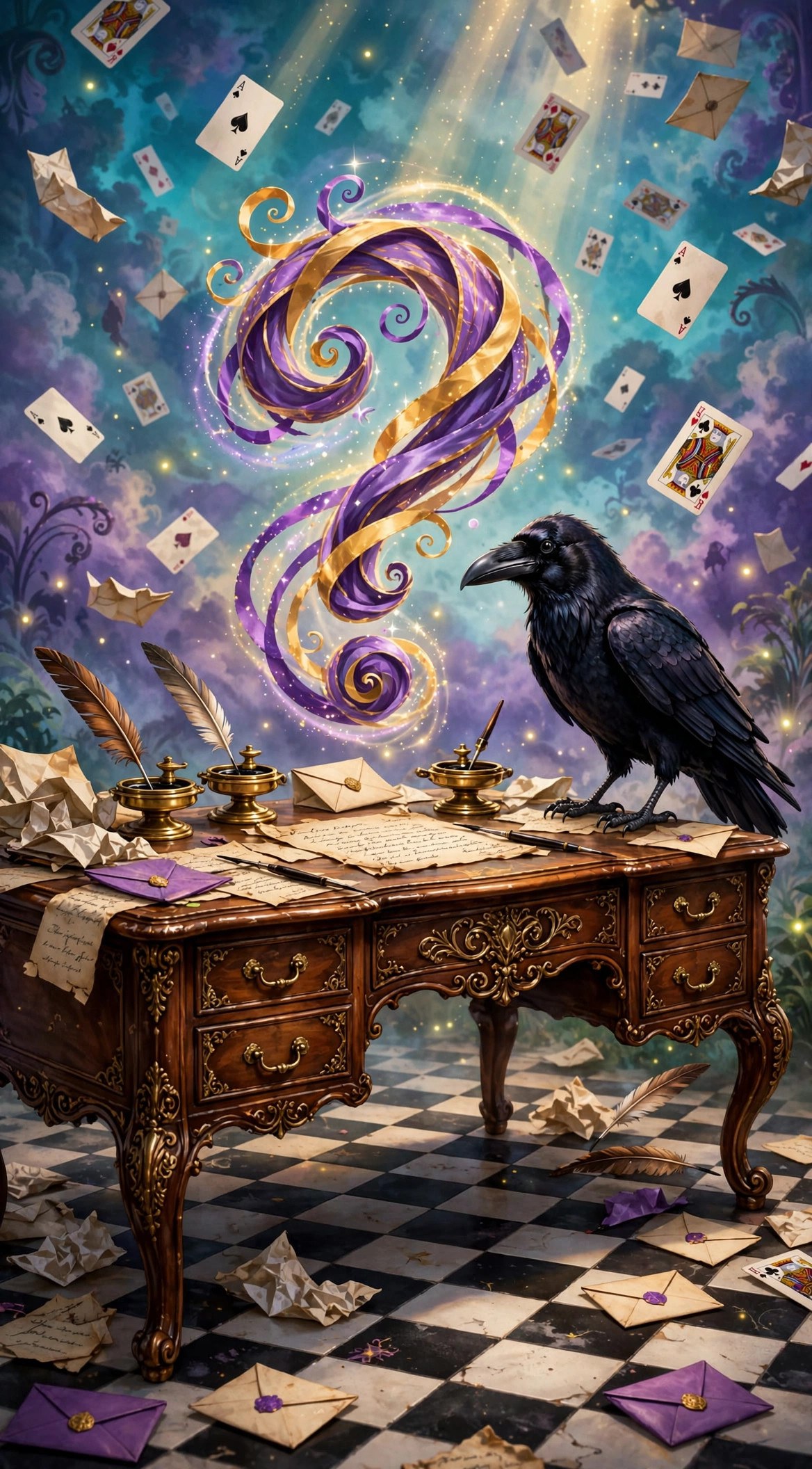 A glossy black raven perched on an ornate Victorian writing desk, a ribbon question mark between them