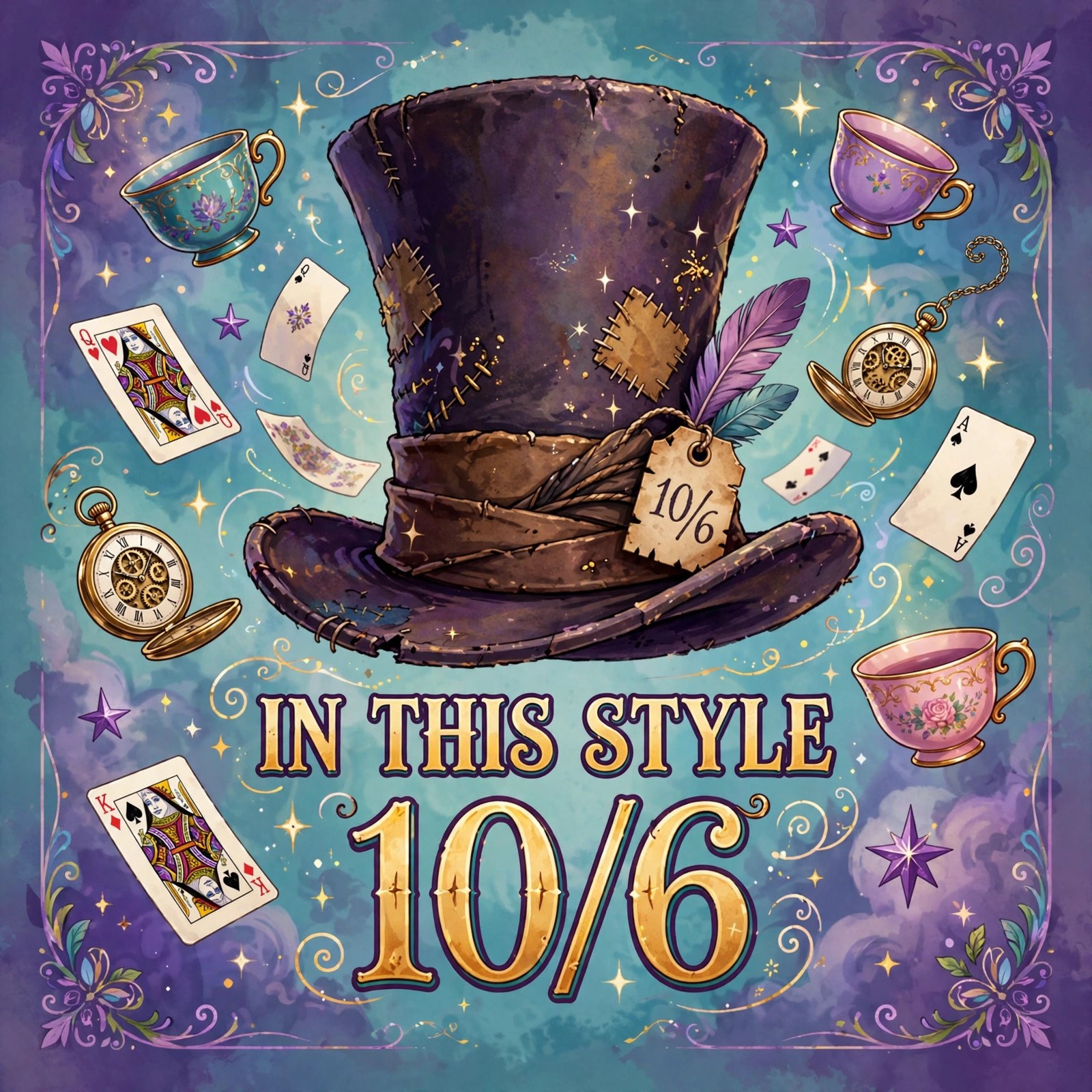 AI-generated dramatization art: close view of the Hatter's top hat with its 10/6 price tag