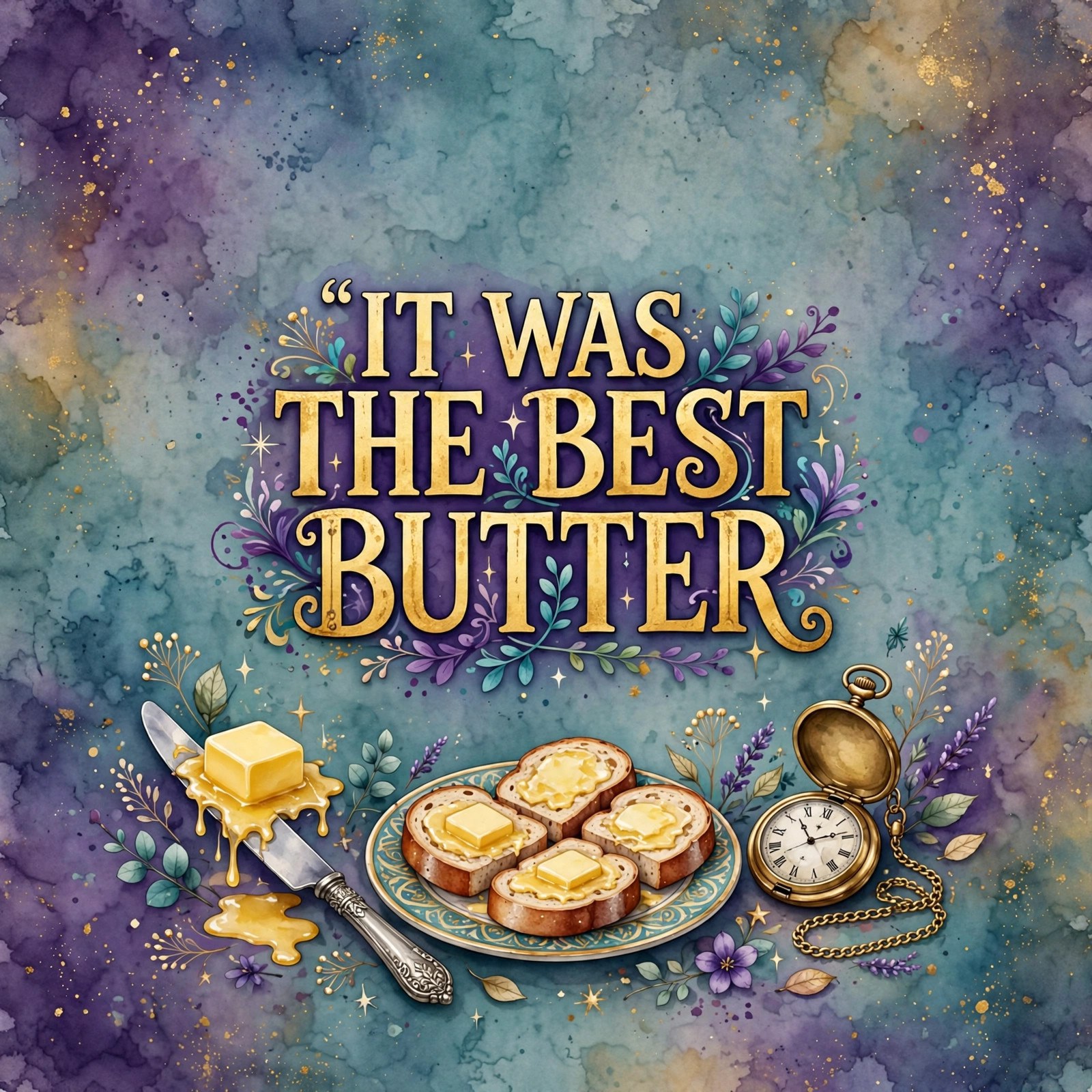 AI-generated dramatization art: the Hatter's pocket watch with butter, stopped at six