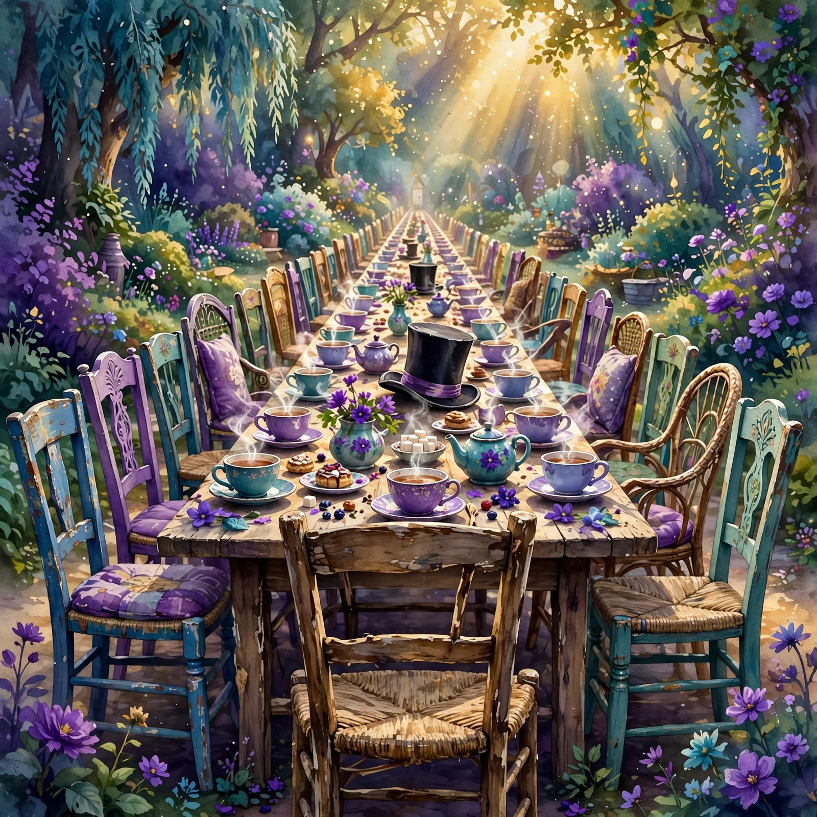 AI-generated dramatization art: the long tea table with one empty chair waiting