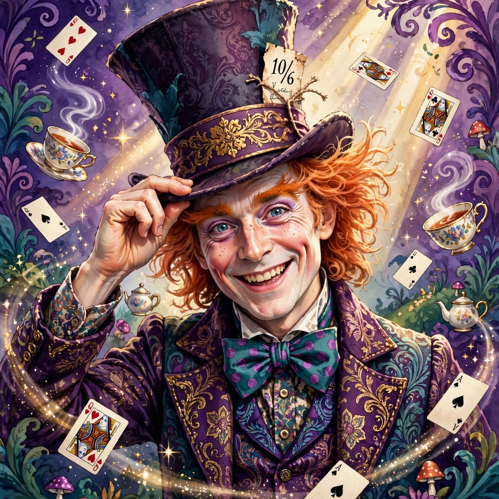 AI-generated dramatization art: the Mad Hatter tipping his tall top hat