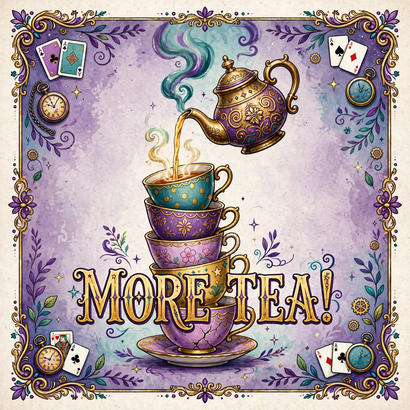AI-generated dramatization art: the Mad Hatter pouring tea from a tall teapot