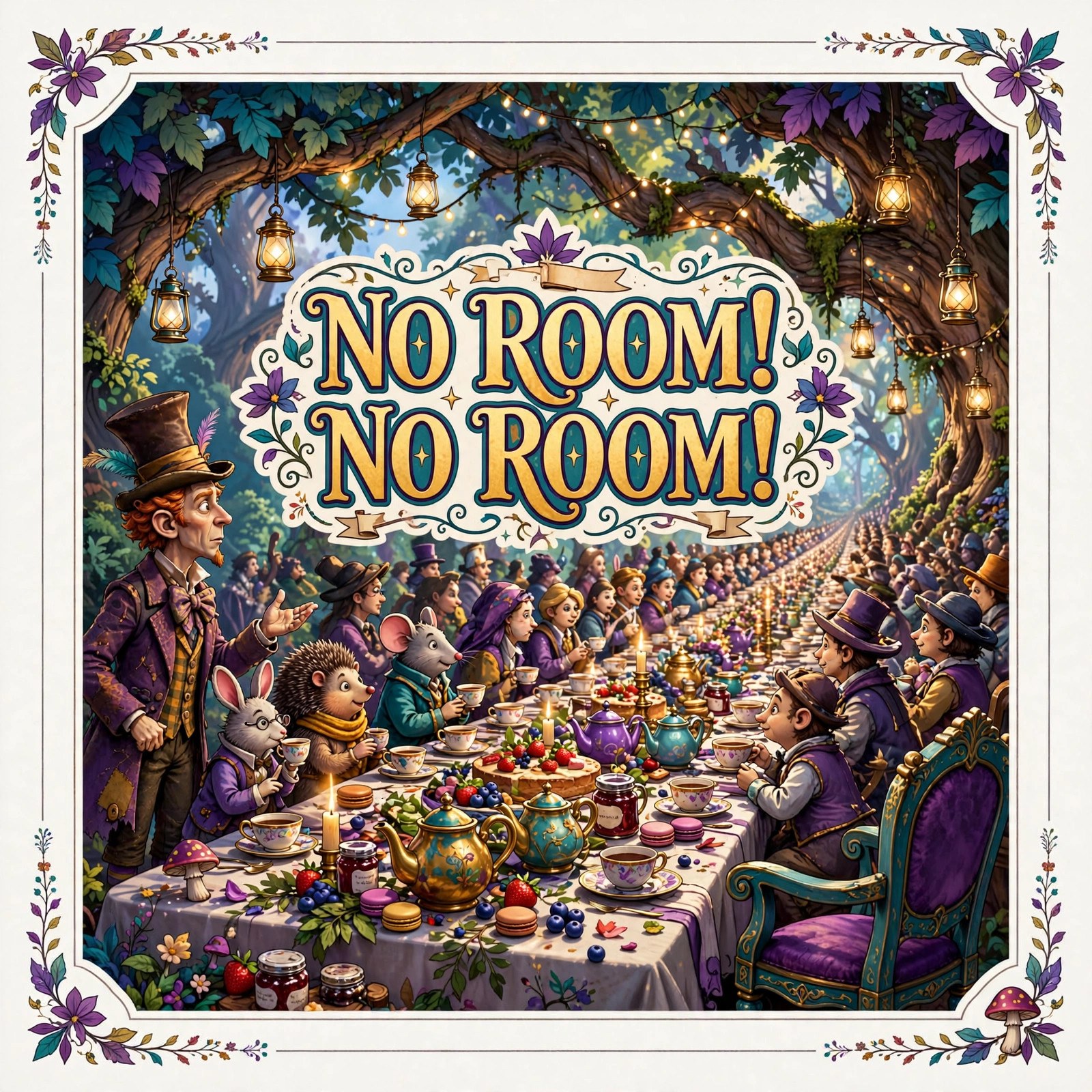 AI-generated dramatization art: the crowded mad tea-party table with the Hatter, March Hare, and Dormouse