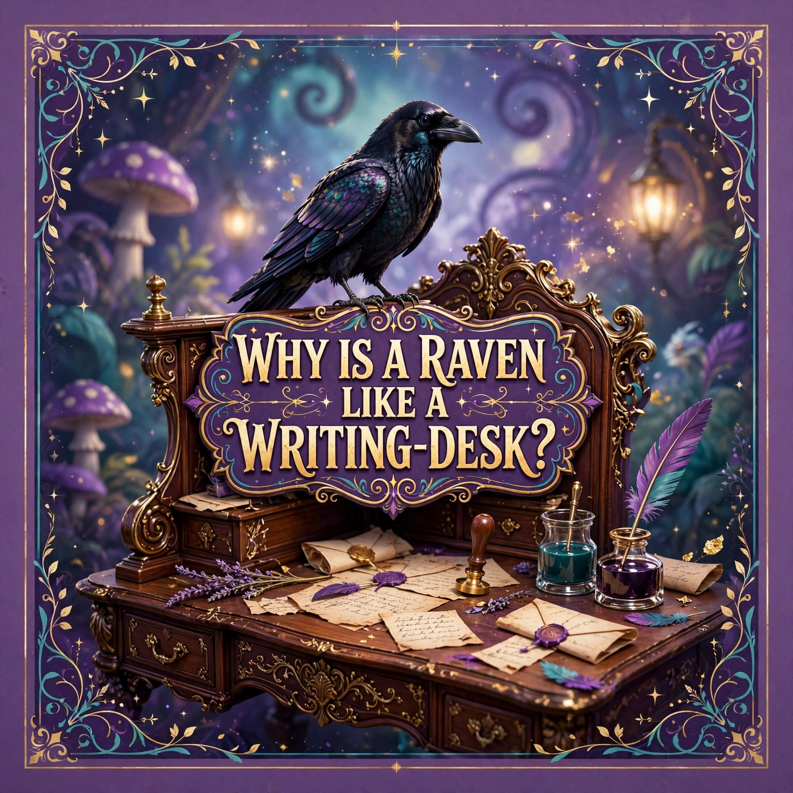 AI-generated dramatization art: the Mad Hatter with a raven and a writing-desk