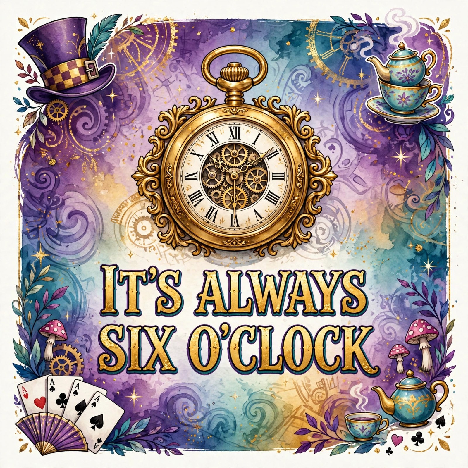 AI-generated dramatization art: the Mad Hatter holding a pocket watch stopped at six o'clock