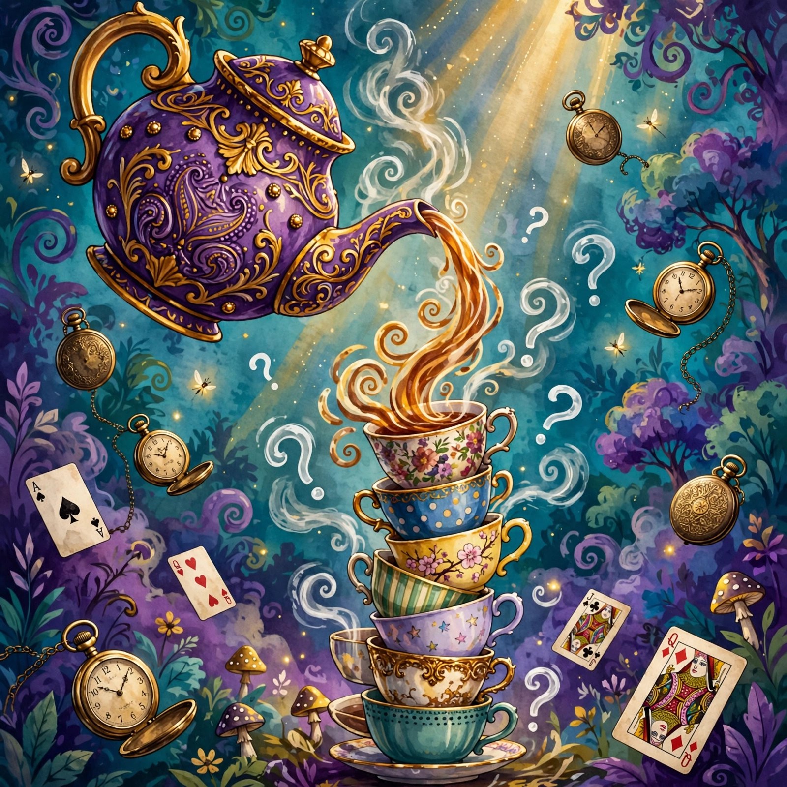 AI-generated dramatization art: a grand Victorian teapot pouring at the tea-party