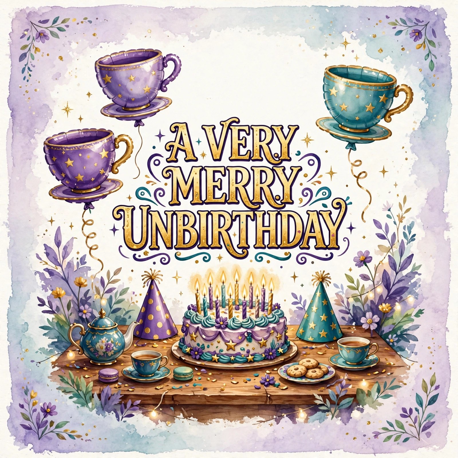 AI-generated dramatization art: the Mad Hatter celebrating with cake and teacups