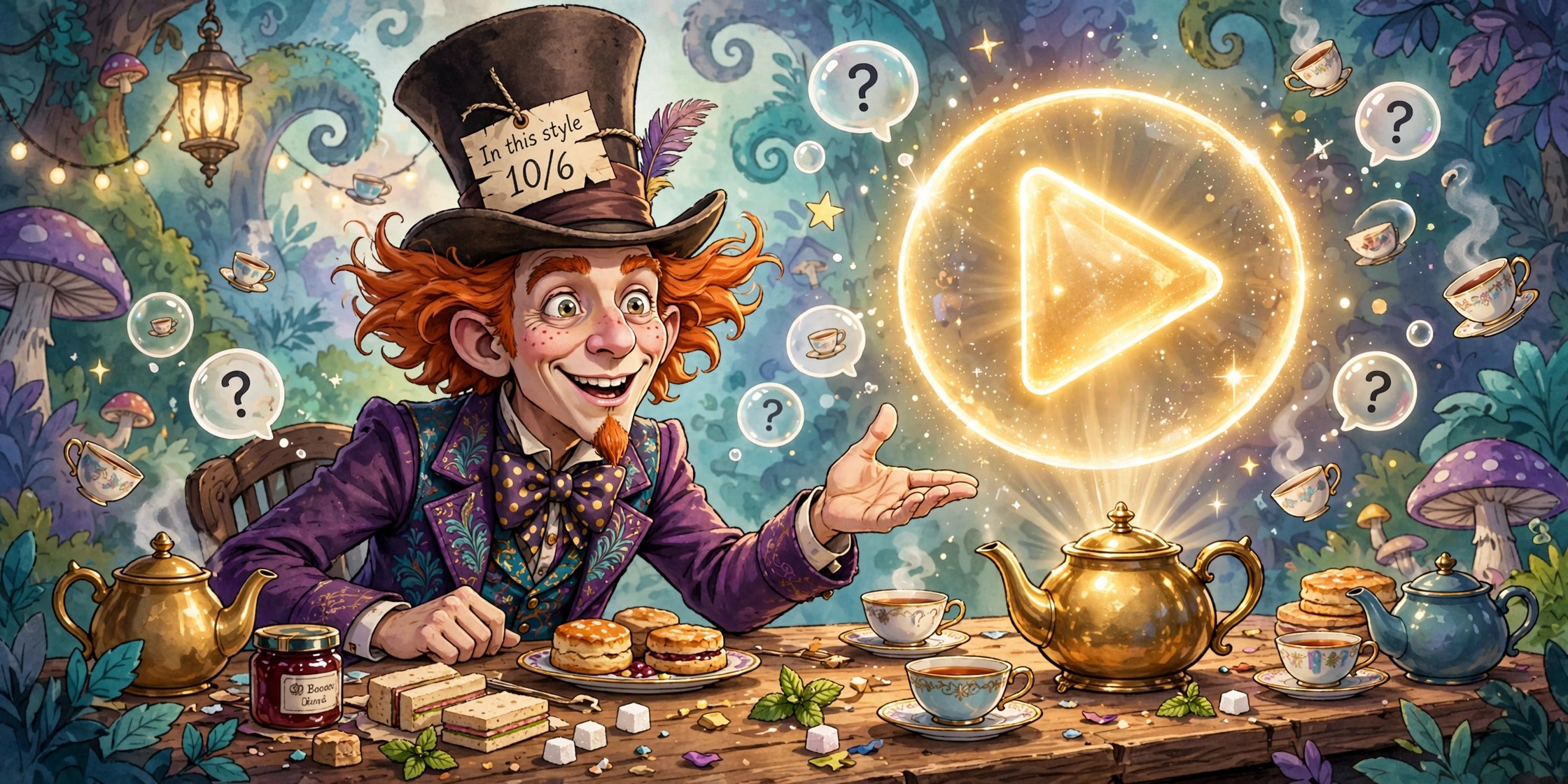 The animated Mad Hatter stream host in the Vizlings style, gesturing at a glowing play button above a teapot