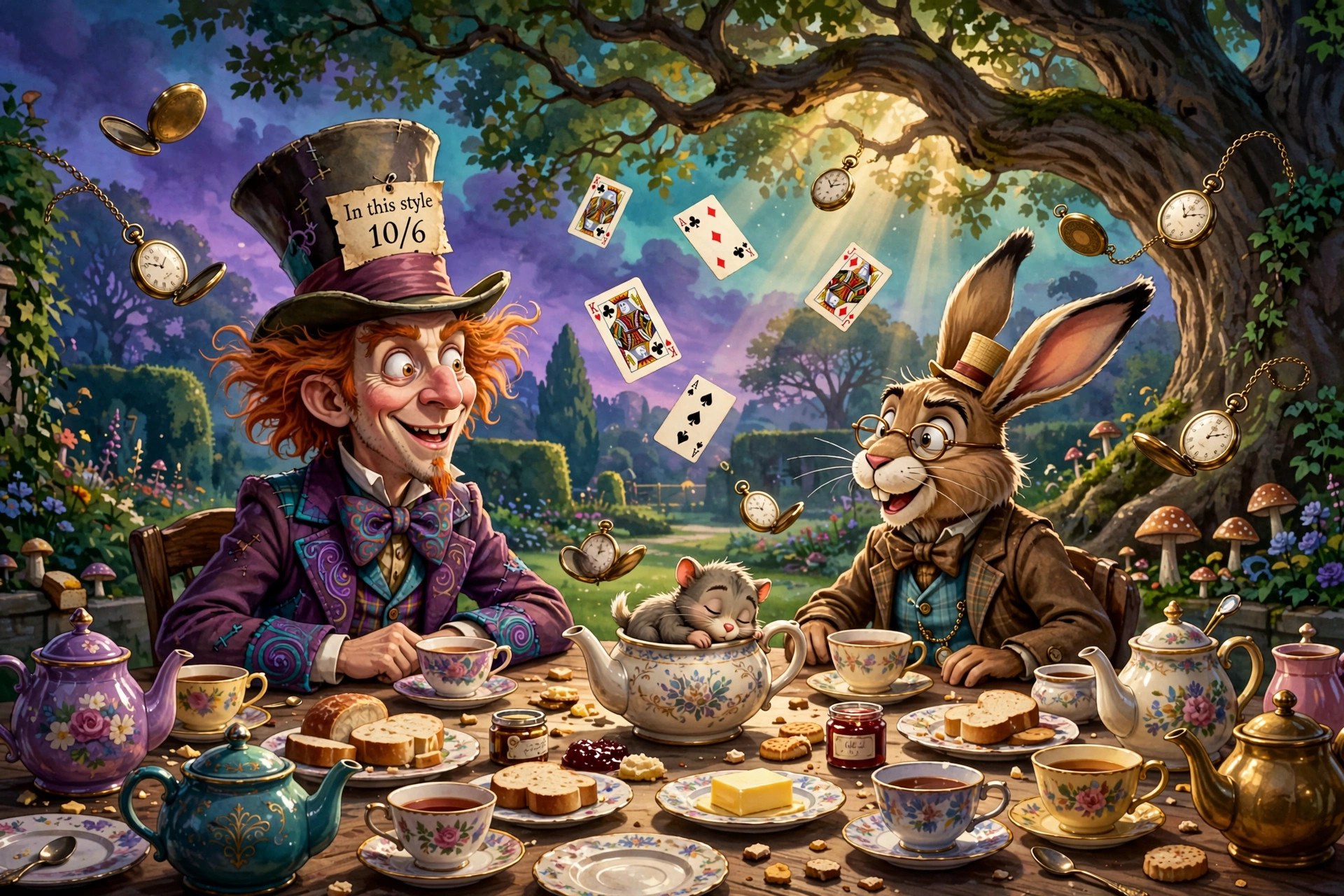 The mad tea party under a great tree: the Hatter, the March Hare, and the Dormouse at a long tea table