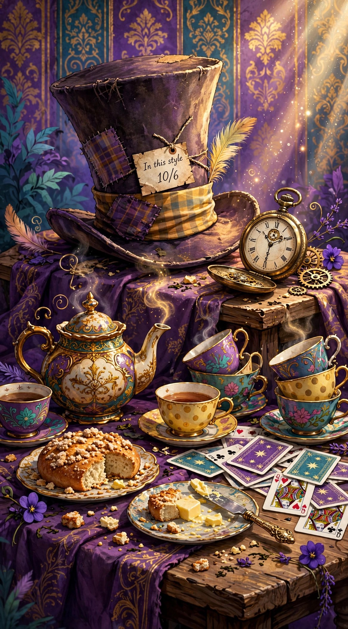 The Hatter's iconic props: tall top hat with price tag, pocket watch stuck at six, teapot, and cards