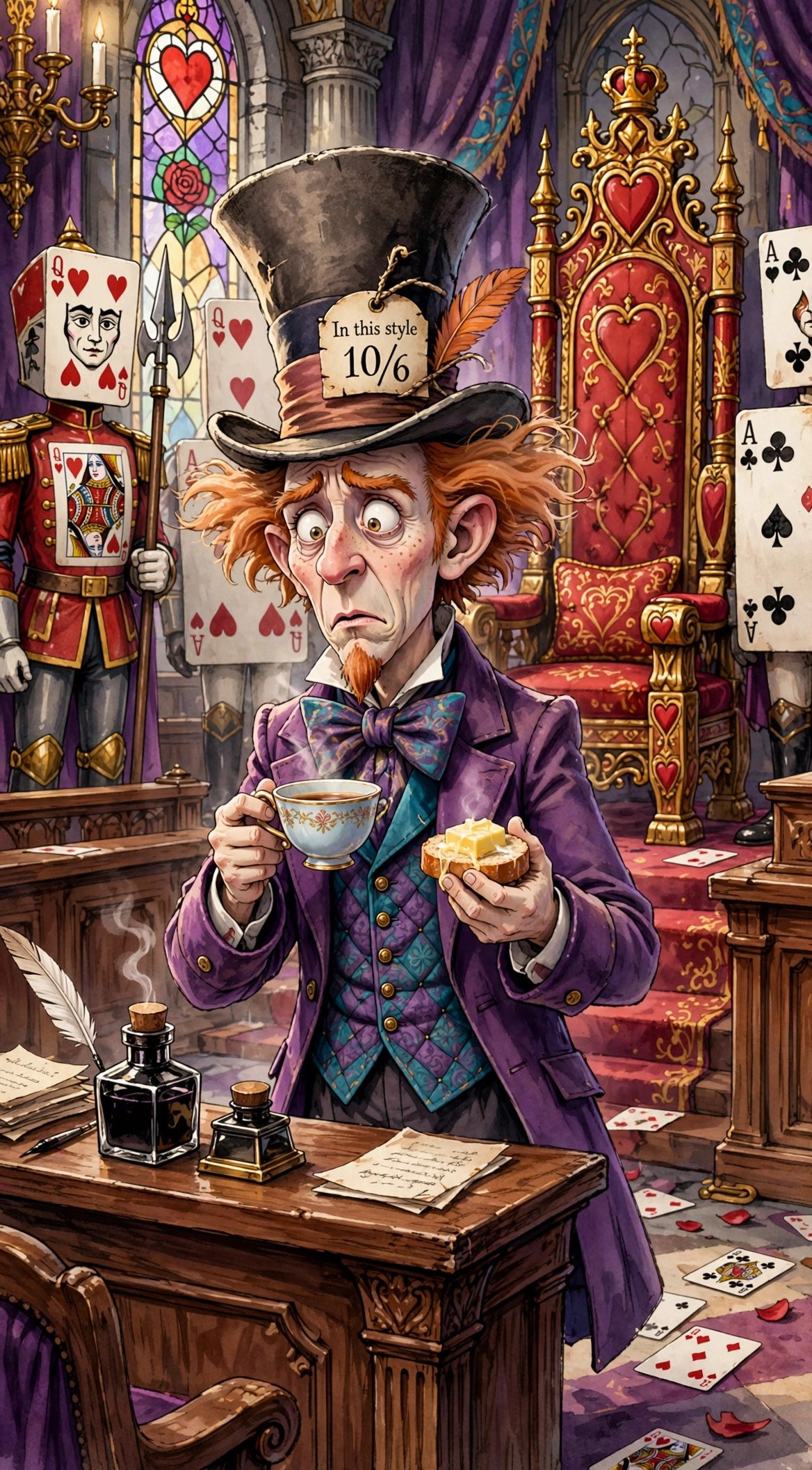 The Mad Hatter as a nervous witness at the Queen of Hearts' court, clutching a teacup and bread-and-butter