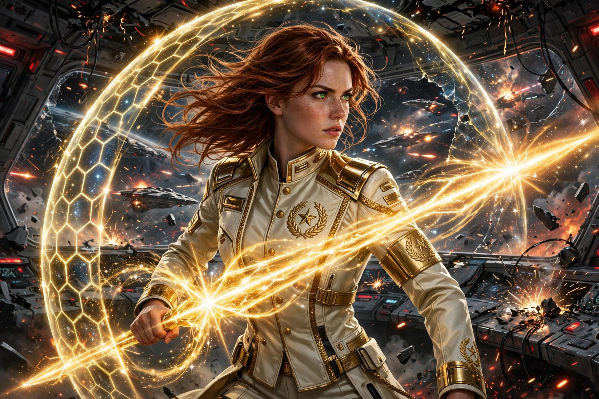 Mara Kest in action, wielding a radiant lance of golden starlight with a shimmering aegis energy shield around her