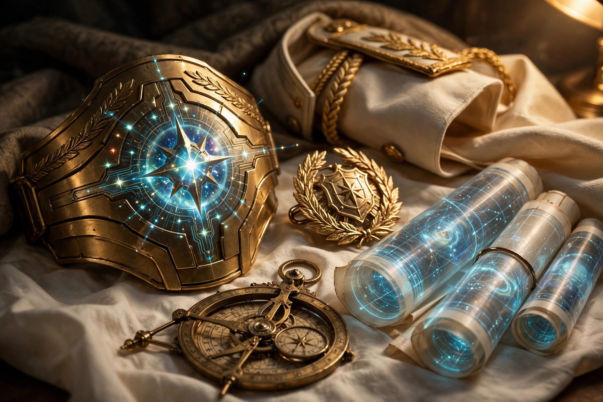 Close-up still life of Mara's command gear: gold aegis bracer, laurel badge, star charts, astrolabe