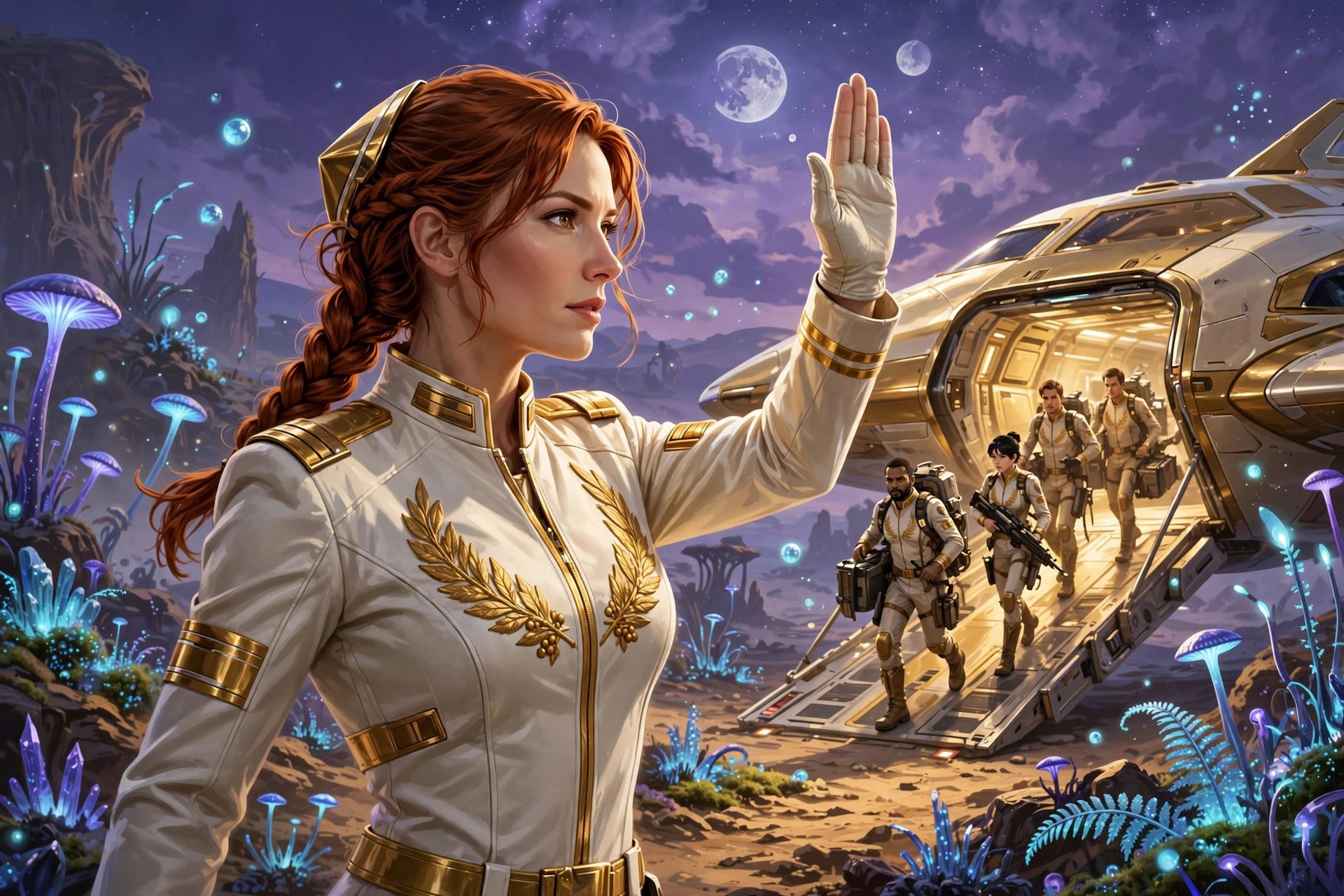 Mara Kest leading an away team down a shuttle ramp onto an alien world under twin moons