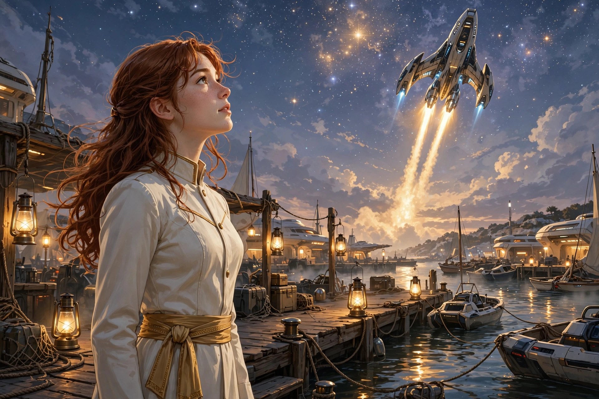 Young Mara Kest on a harbor world dock at dusk, gazing at a star-filled sky and a rising starship
