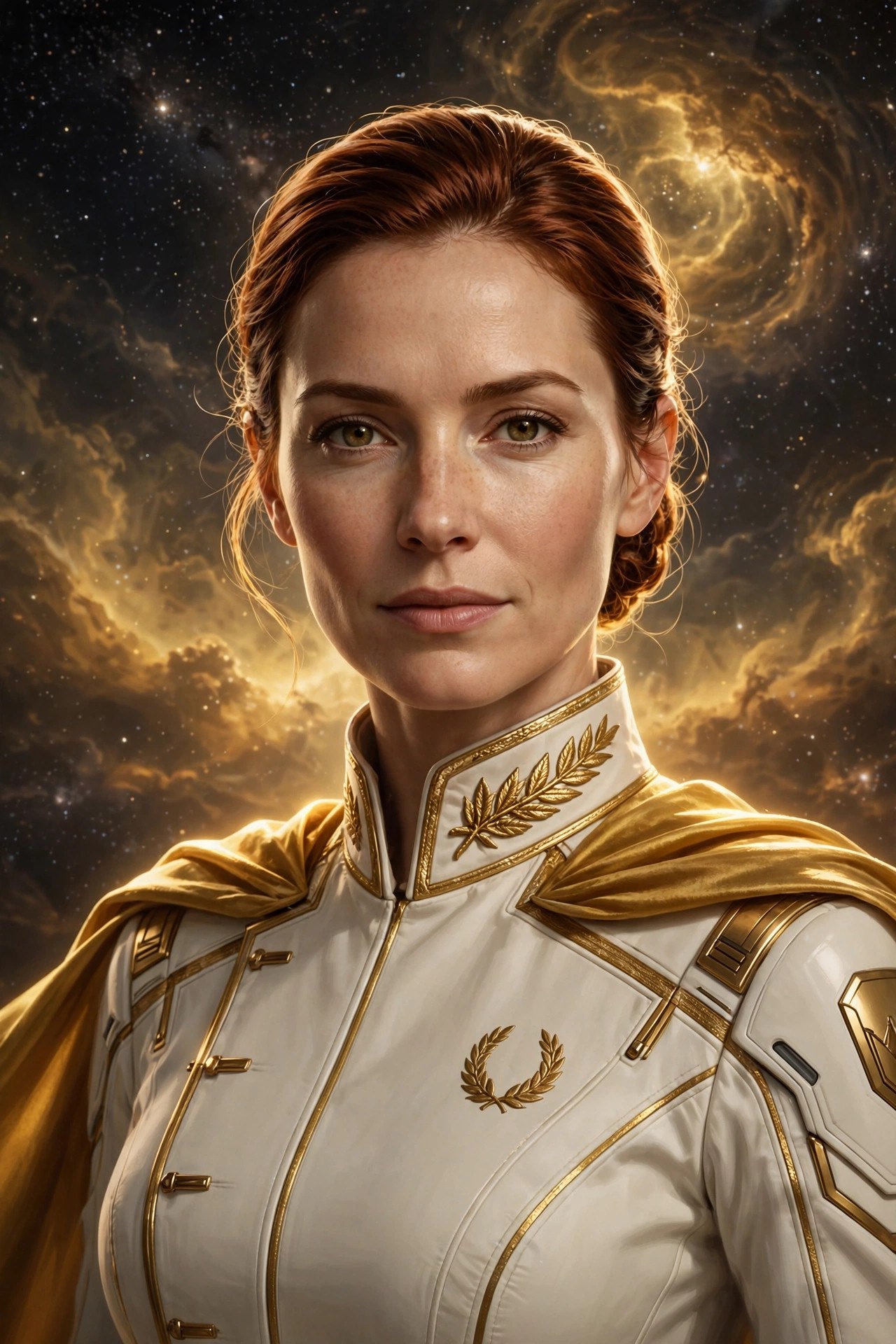 Portrait of Mara Kest, a poised female space heroine with auburn hair in a gold-and-ivory StarTeam command uniform with laurel insignia, against a starfield