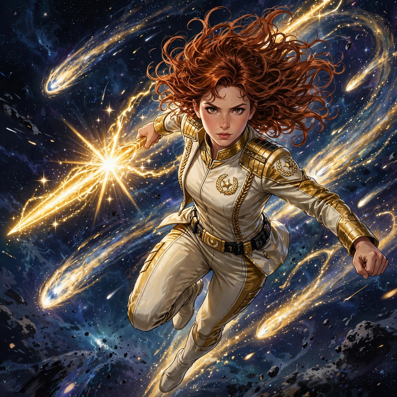 Mara Kest leaping with a radiant lance of golden starlight
