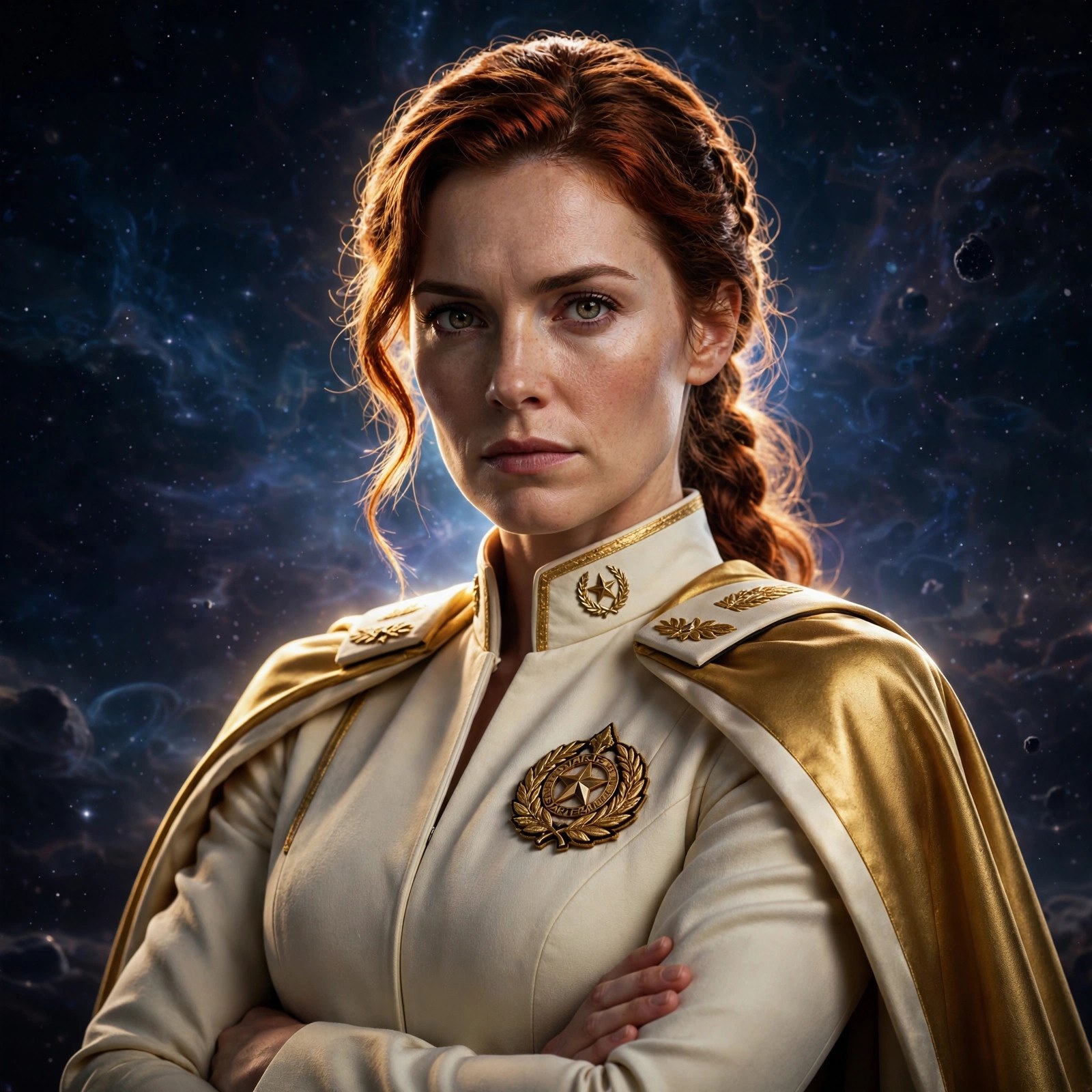Solemn portrait of Mara Kest in gold command cape, arms crossed