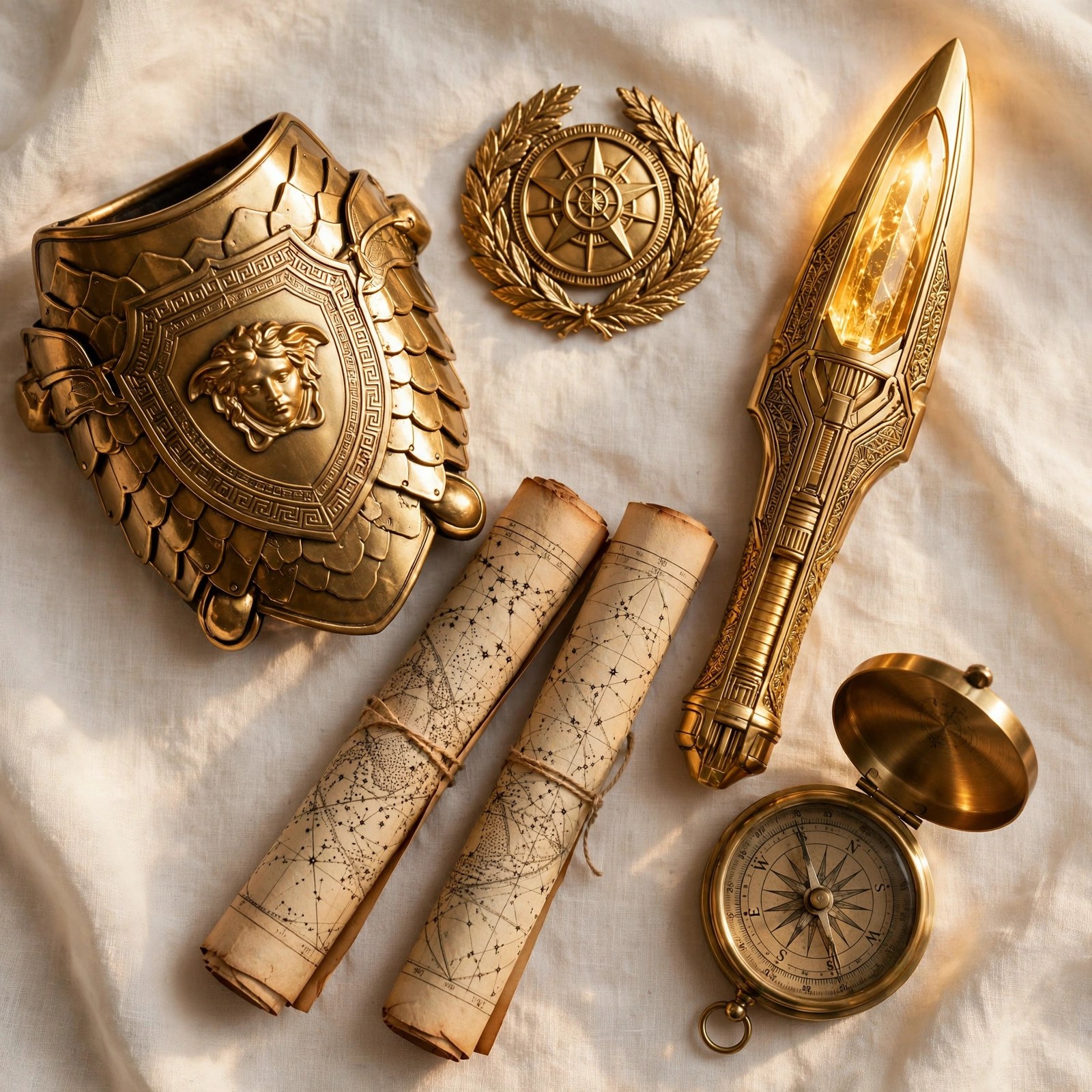 Flat-lay of Mara's gear: aegis bracer, laurel badge, lance hilt, star charts, compass