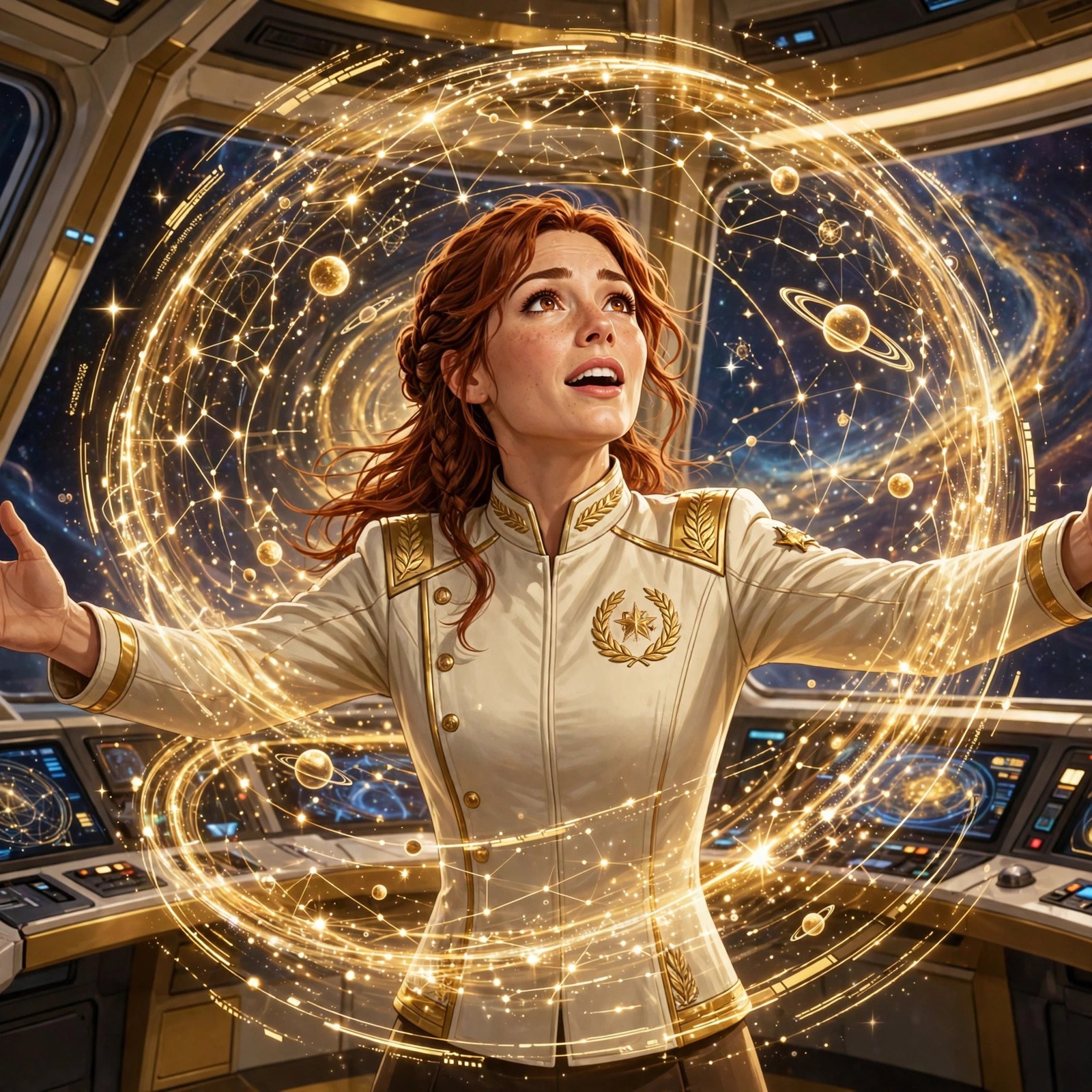 Mara Kest on a starship bridge as a holographic golden star map swirls around her