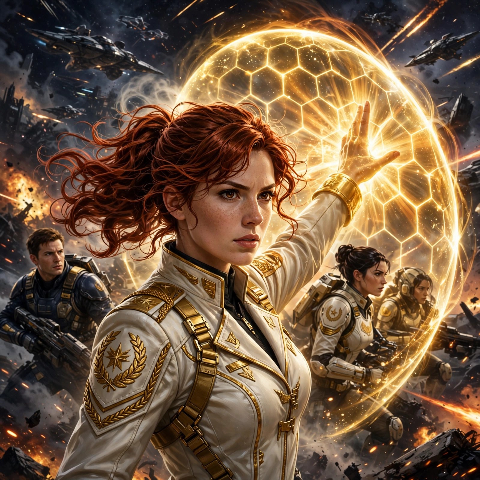 Mara Kest raising a shimmering aegis shield of golden energy over her allies