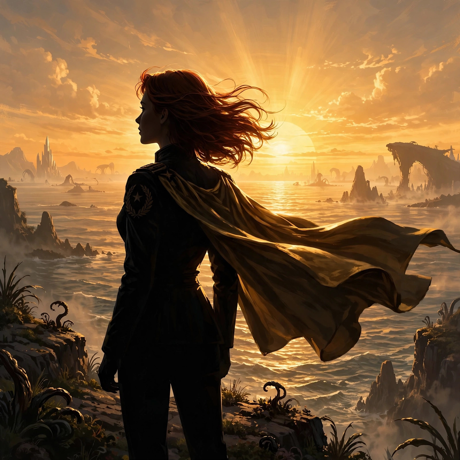 Silhouette of Mara Kest watching a golden sunrise over an alien ocean, cape billowing