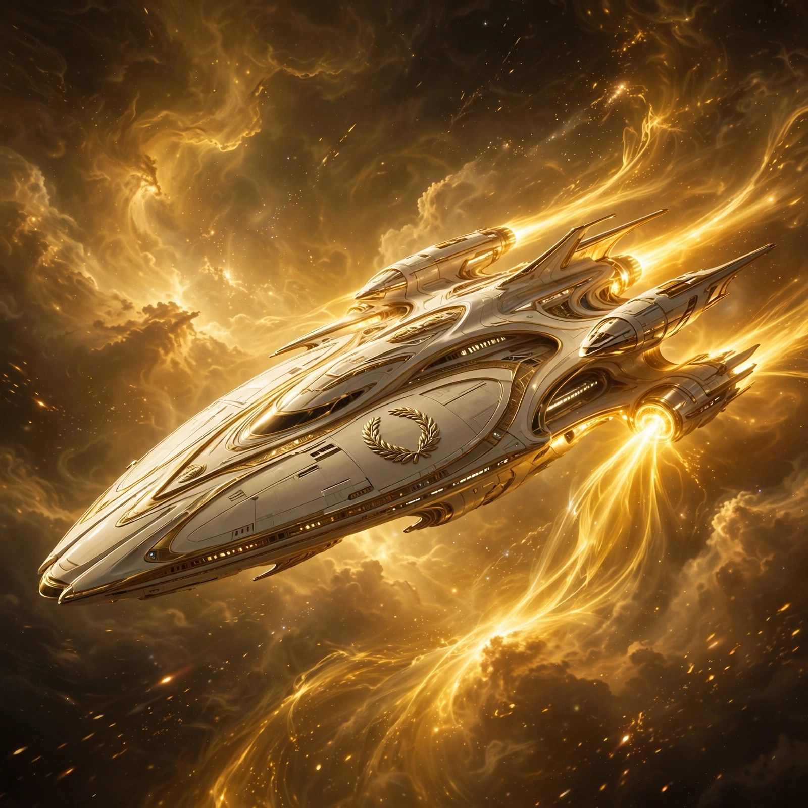The cruiser Dawnwarden sailing through a golden nebula