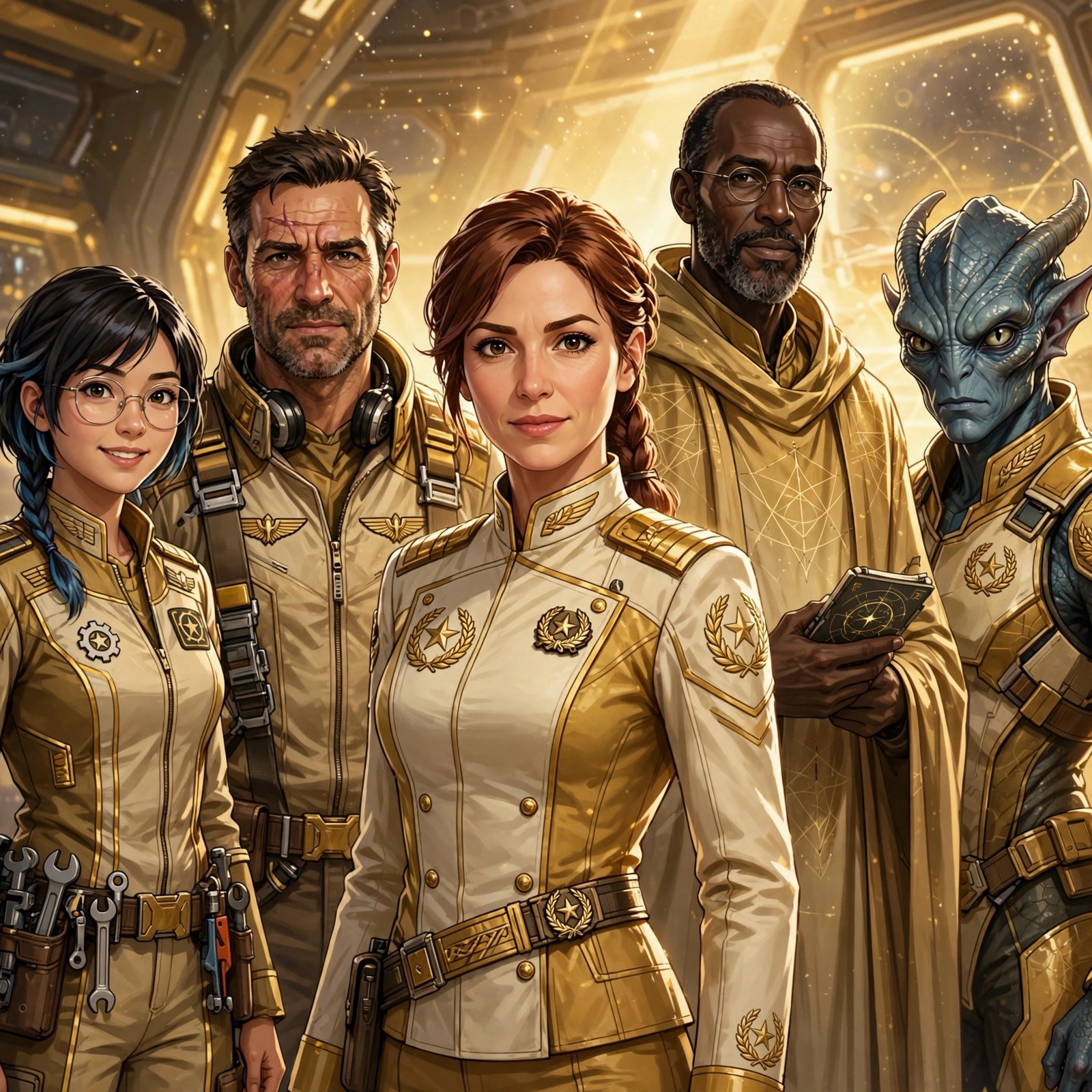 The StarTeam crew standing together on the command deck, Mara Kest at center