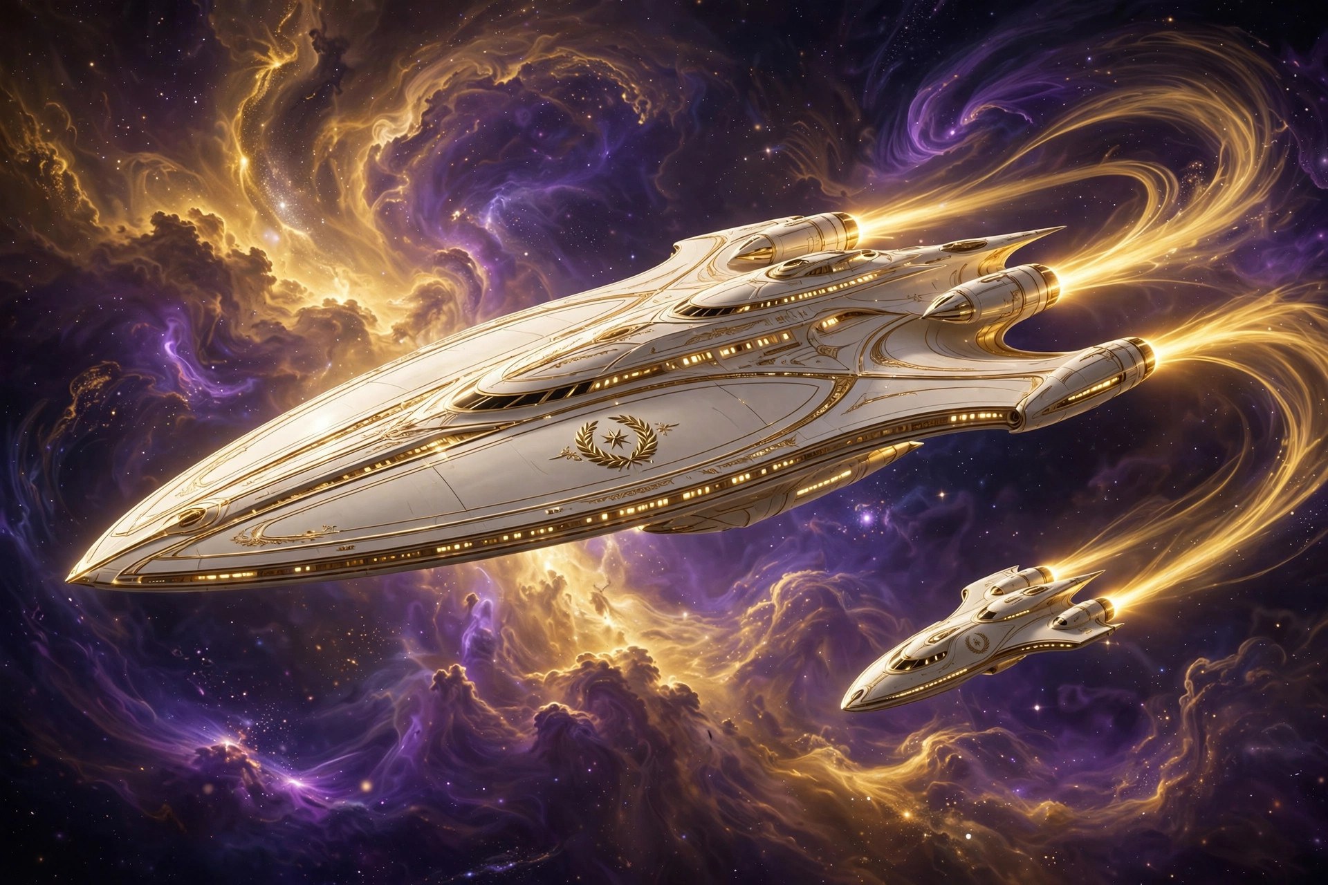 The starship cruiser Dawnwarden, gold-and-ivory with laurel insignia, in a nebula