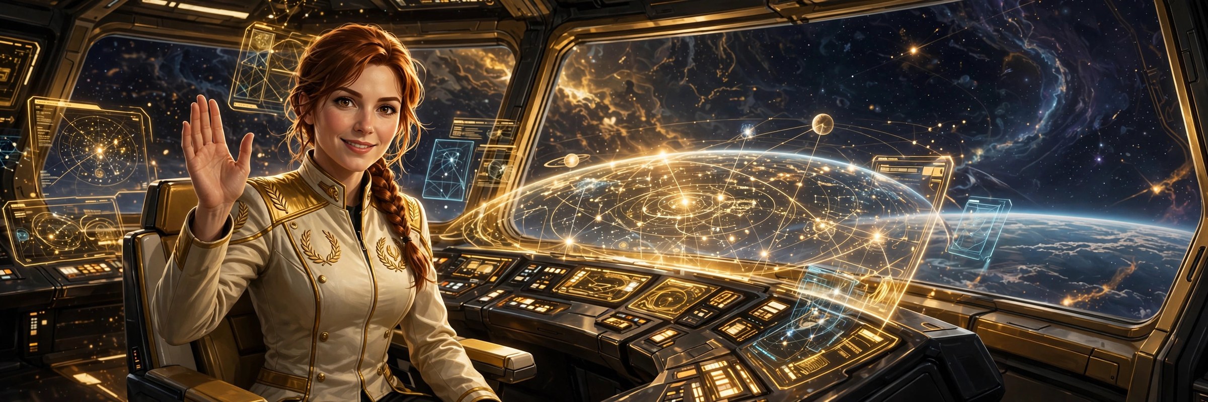 Mara Kest at a glowing command console on a starship bridge, waving warmly, wide banner