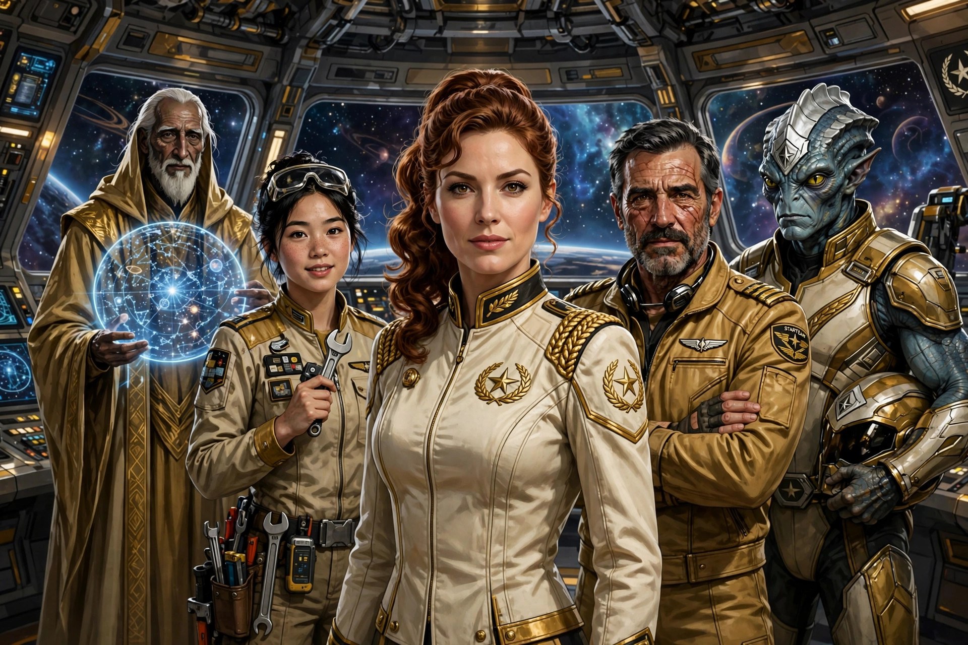 Group portrait of the StarTeam crew on a starship command deck, Mara Kest at center