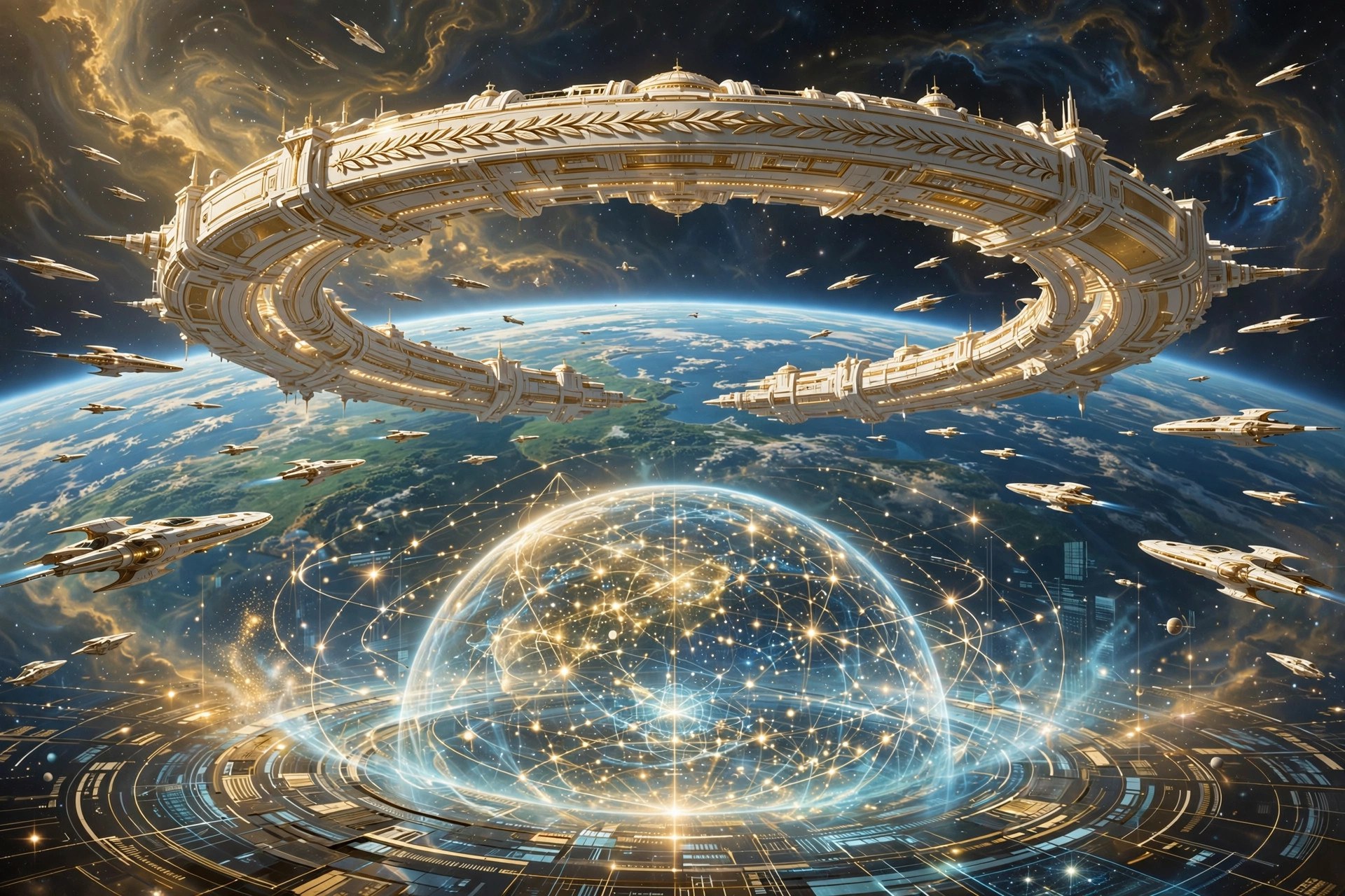 The Stellar Concord capital: an ivory-and-gold orbital station above a planet, with a holographic star map