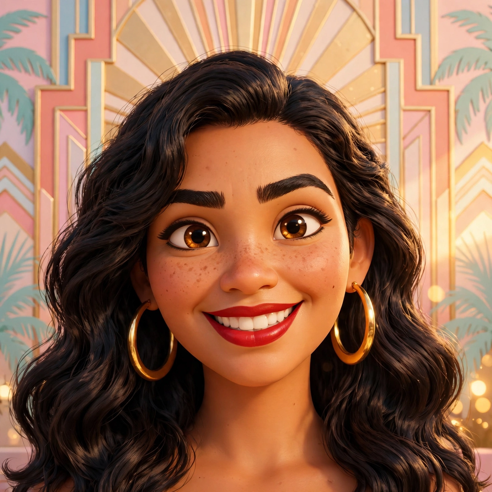 Close-up portrait of Maria Reyes with gold hoop earrings against a pastel art-deco backdrop