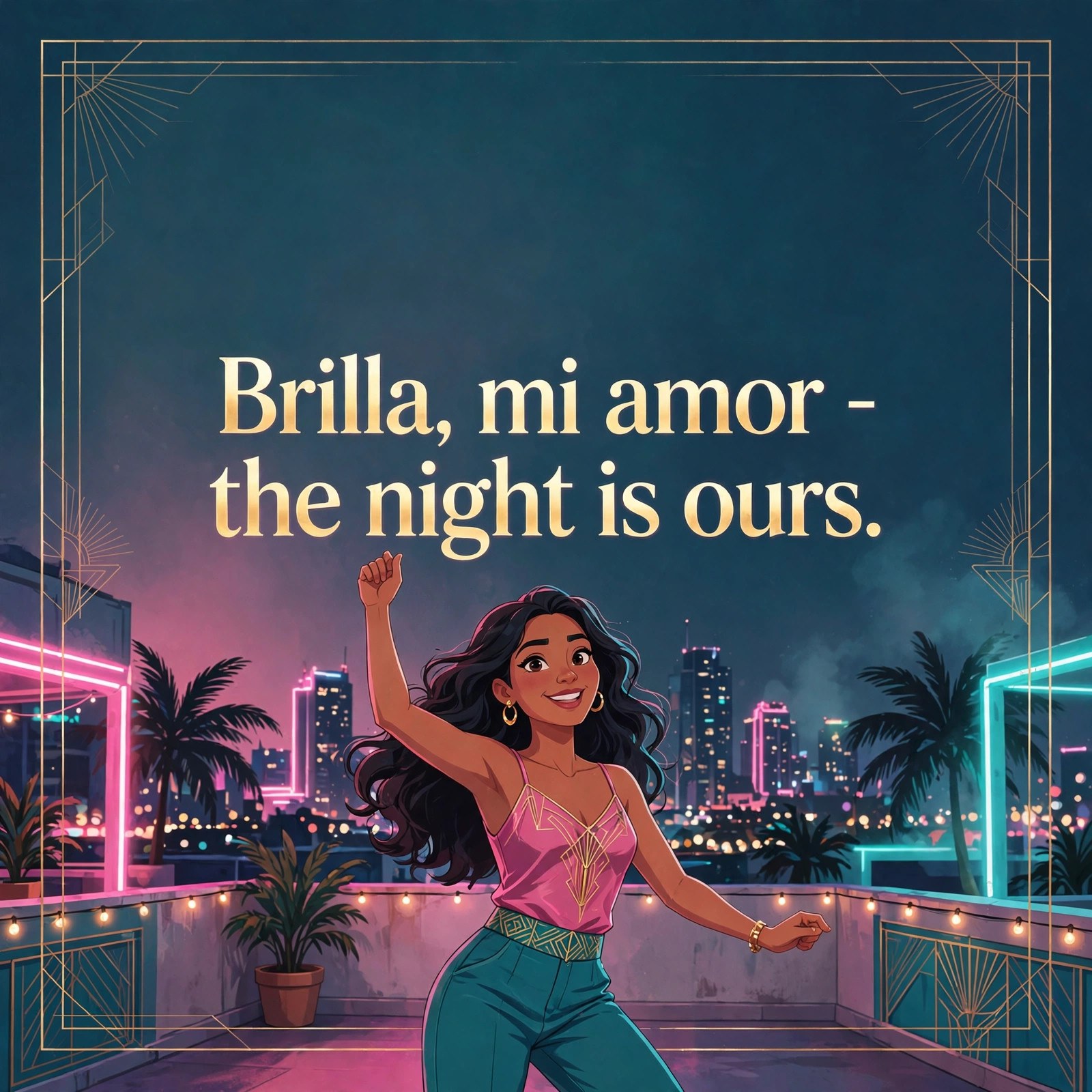 Shareable quote card: Maria Reyes on a neon rooftop beside the baked-in text 'Brilla, mi amor - the night is ours.'